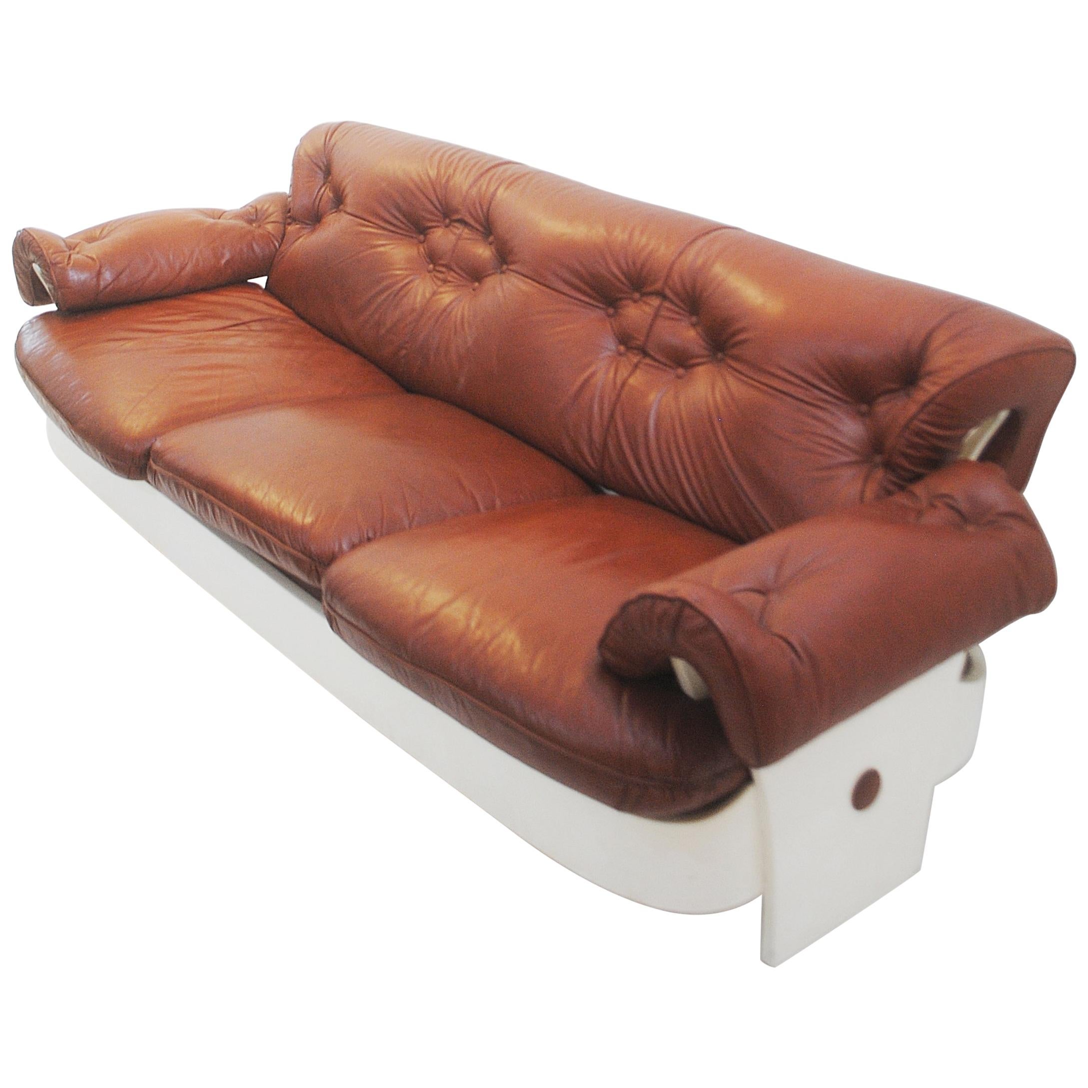 Sofa in Leather and Lacquered Wood, Italy, circa 1980s For Sale