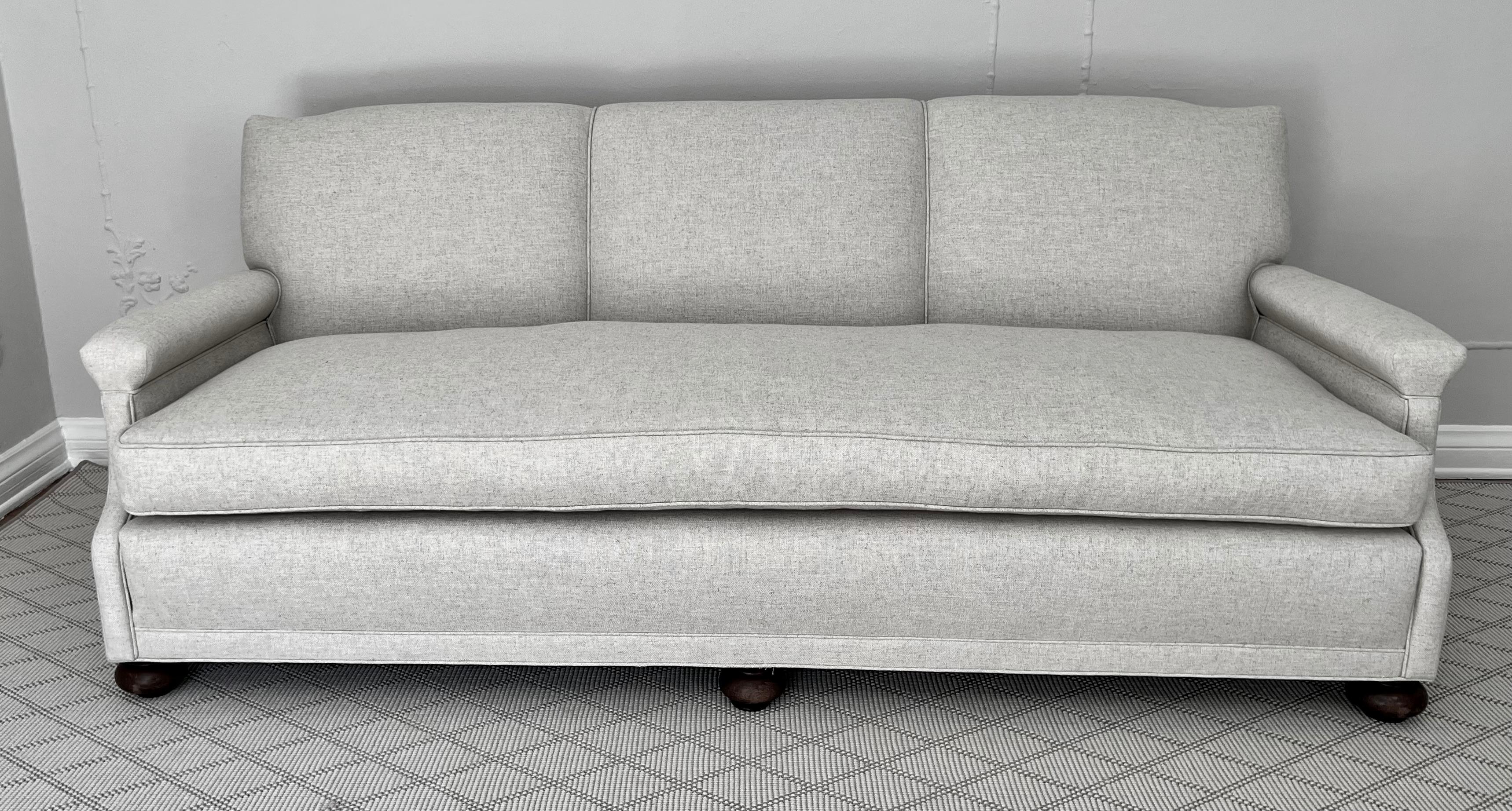Mid-Century Modern Sofa in Linen and Down Upholstery and Bun Feet For Sale
