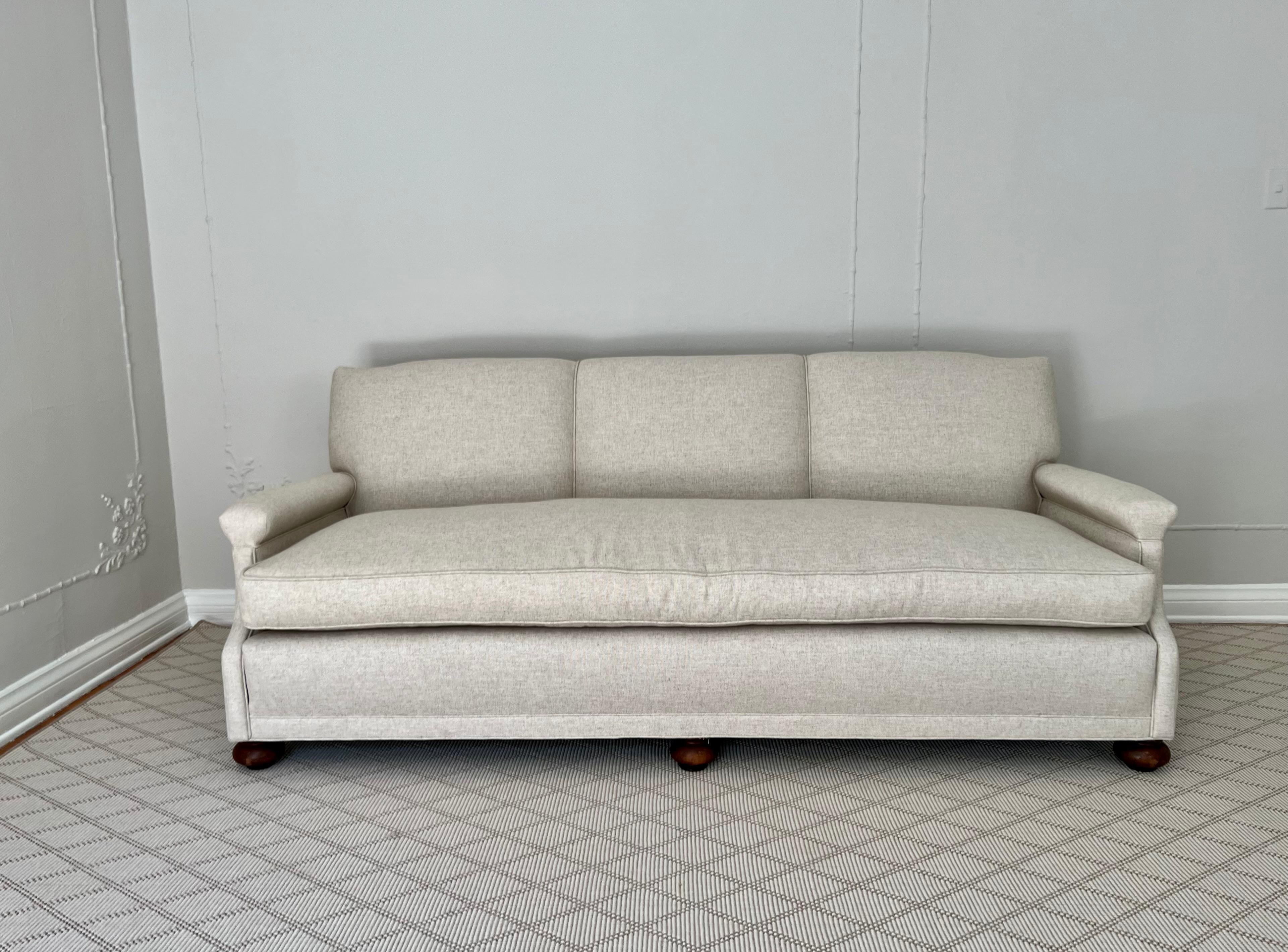 20th Century Sofa in Linen and Down Upholstery and Bun Feet For Sale