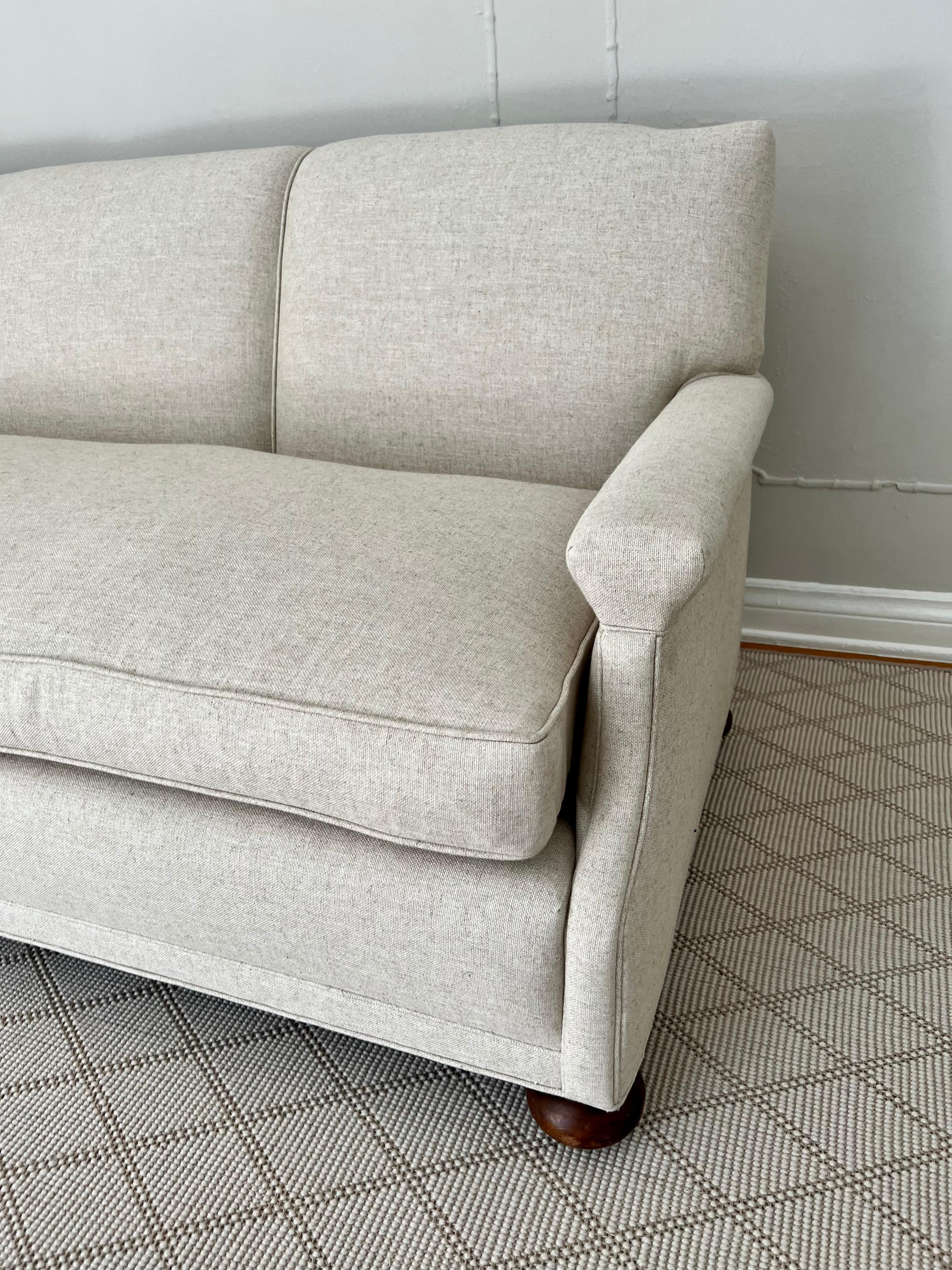 Sofa in Linen and Down Upholstery and Bun Feet For Sale 2