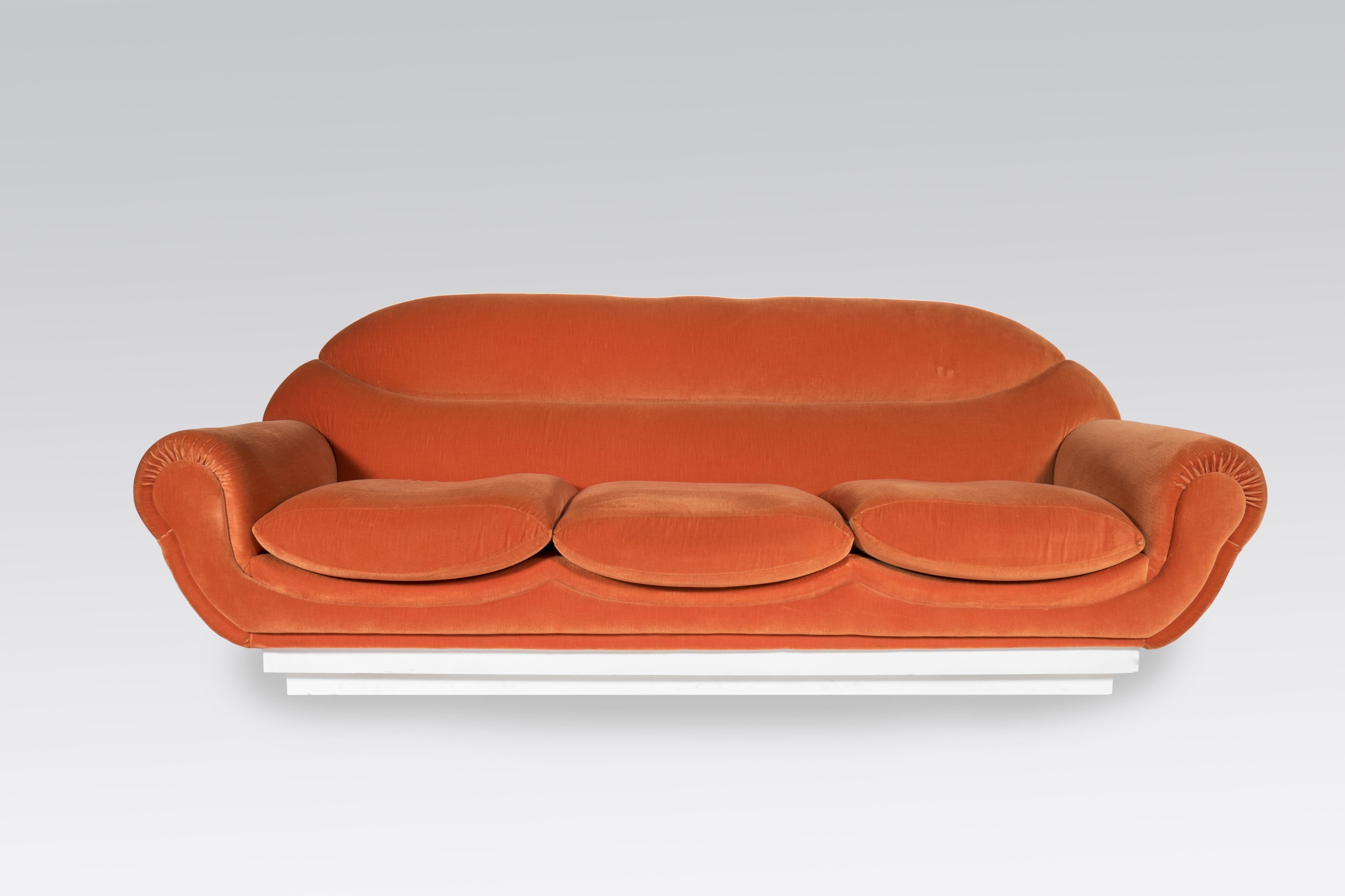 Sofa in orange fabric, circa 1970, and white wood base. Possibility for a full set with a pair of armchair, very good condition, Italian factory.