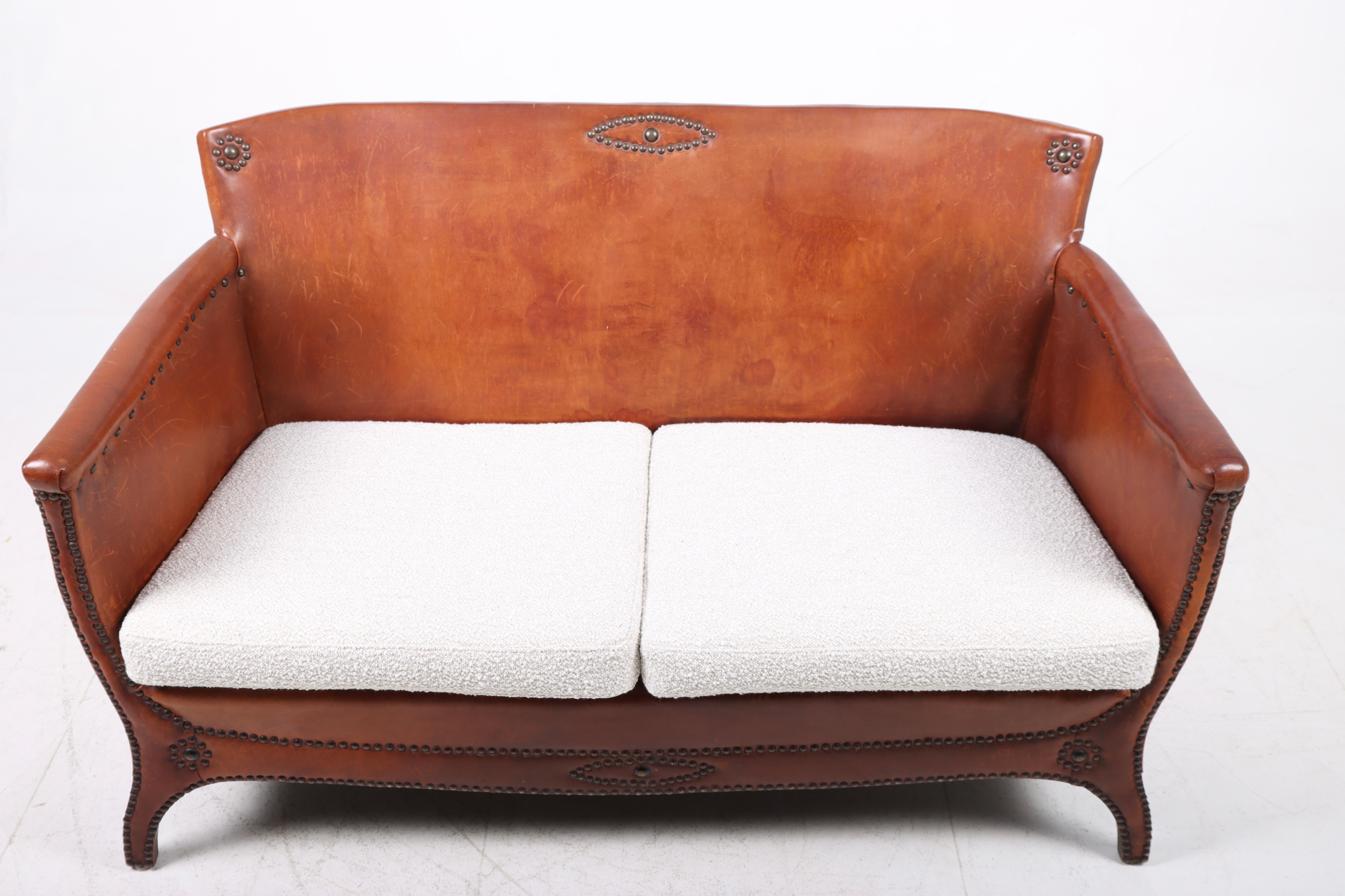 Scandinavian Modern Sofa in Patinated Leather and Boucle, Designed by Otto Schulz