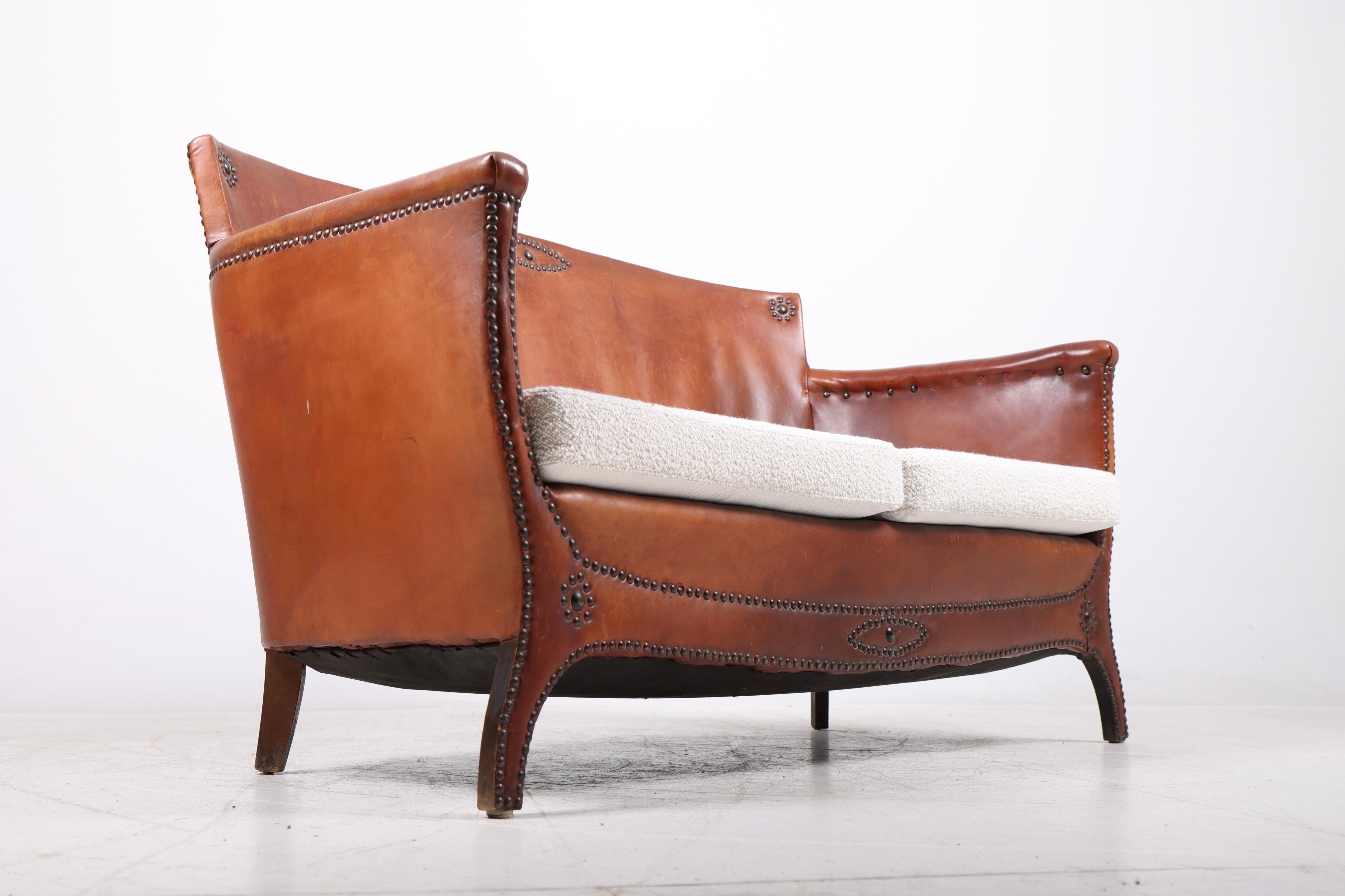 Mid-20th Century Sofa in Patinated Leather and Boucle, Designed by Otto Schulz