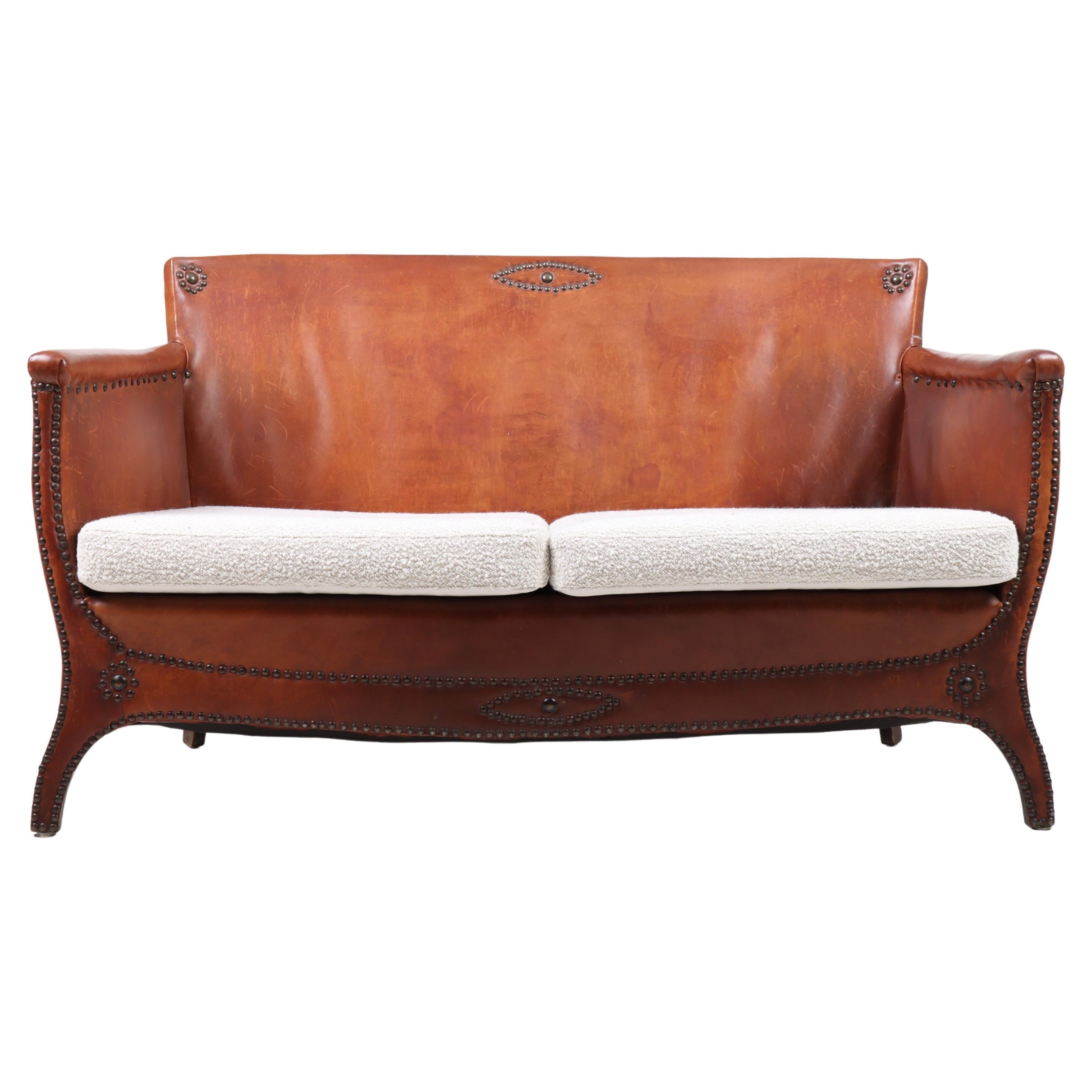 Sofa in Patinated Leather and Boucle, Designed by Otto Schulz