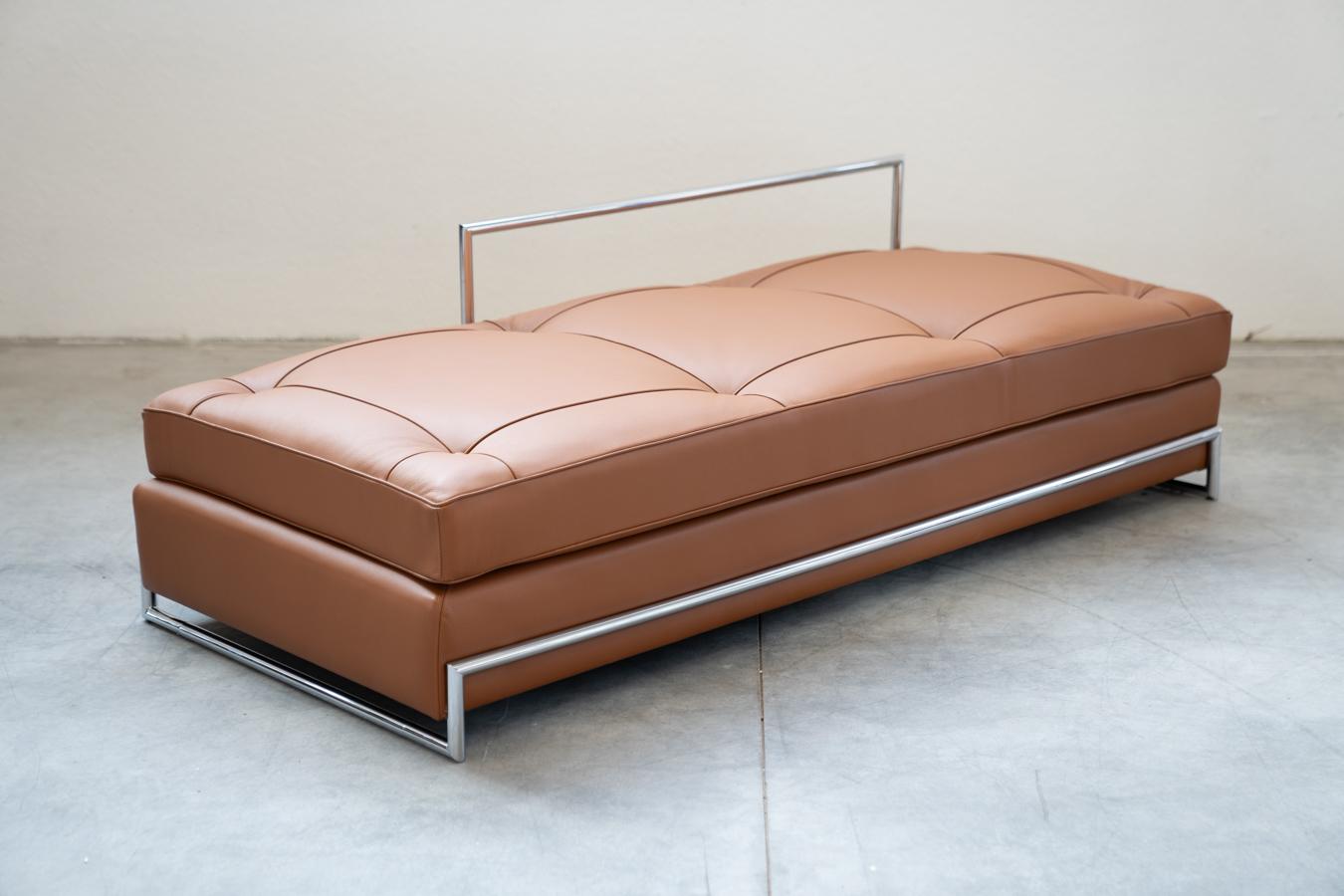 Steel cognac leather sofa, handmade by Eileen Gray, 1980/1990 For Sale