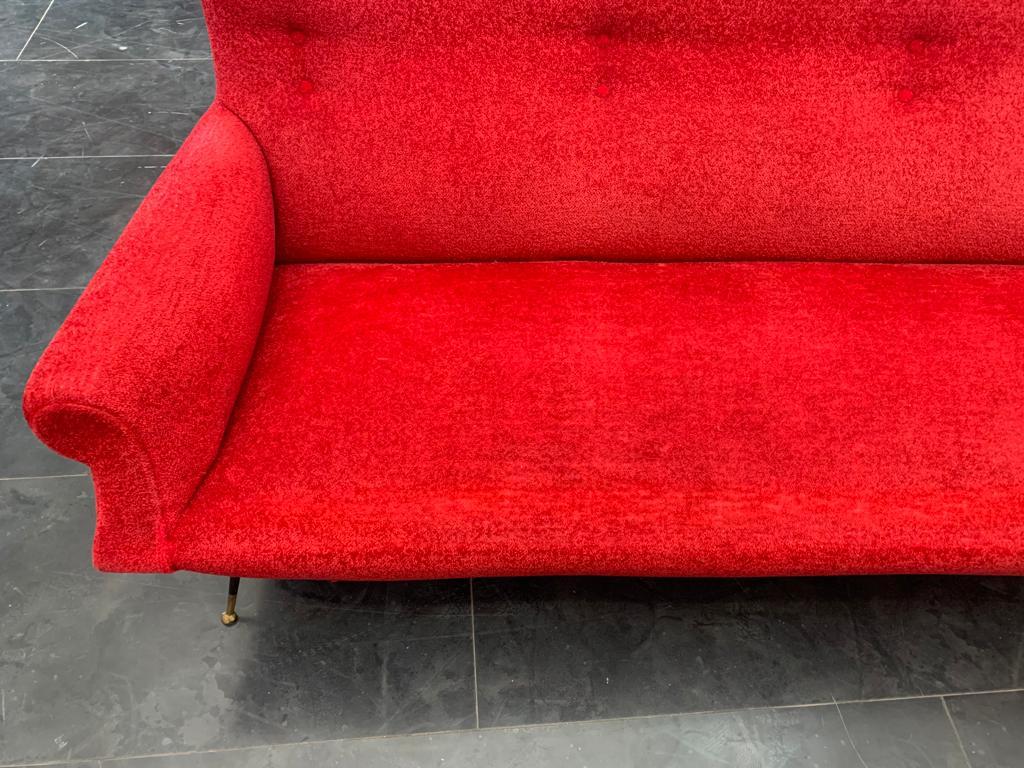 Sofa in Red Fabric with Black & Brass Feet, 1950s 3