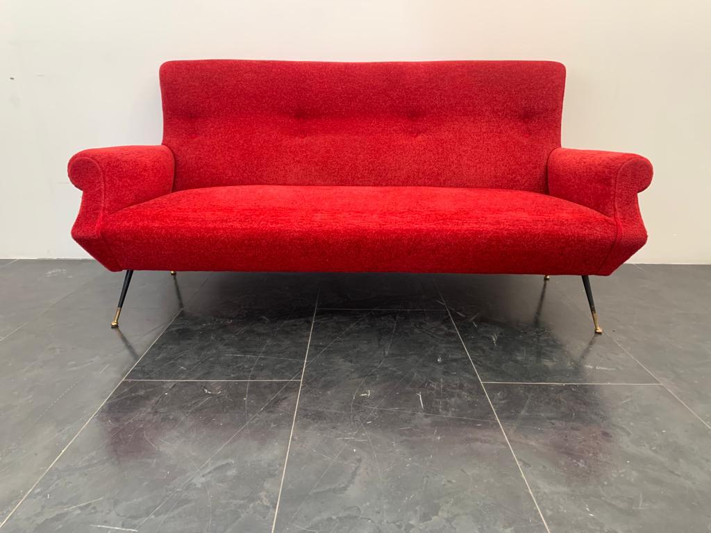 Sofa in Red Fabric with Black & Brass Feet, 1950s 4