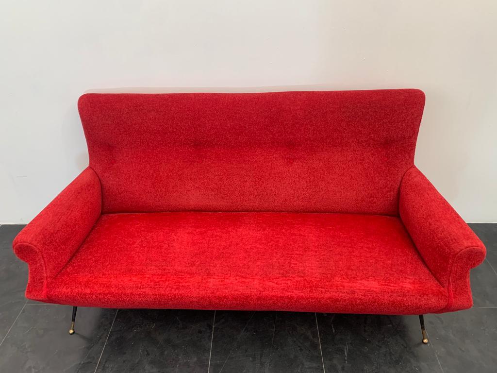 Sofa in red fabric with black & brass feet, 1950s.