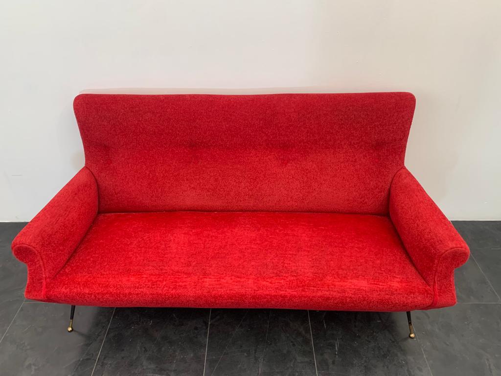 Mid-Century Modern Sofa in Red Fabric with Black & Brass Feet, 1950s