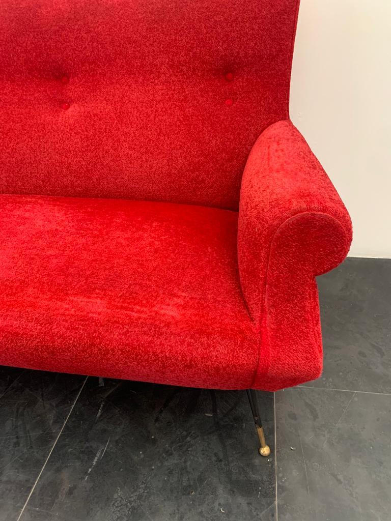 Italian Sofa in Red Fabric with Black & Brass Feet, 1950s