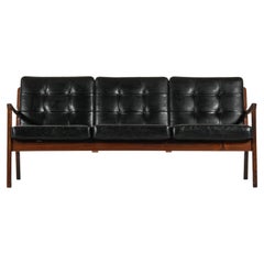 Sofa in Rosewood and Original Black Leather by Ole Wanscher, 1951