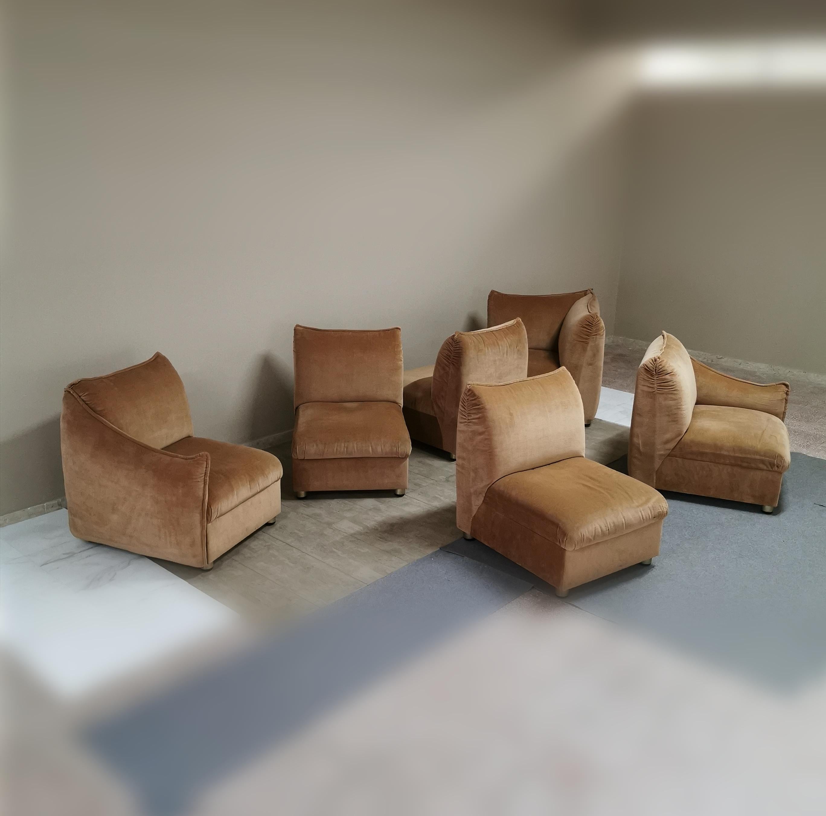 Modular Sofa Smooth Velvet Camel Mid Century Attributed to Cassina Italy, 1970s 3