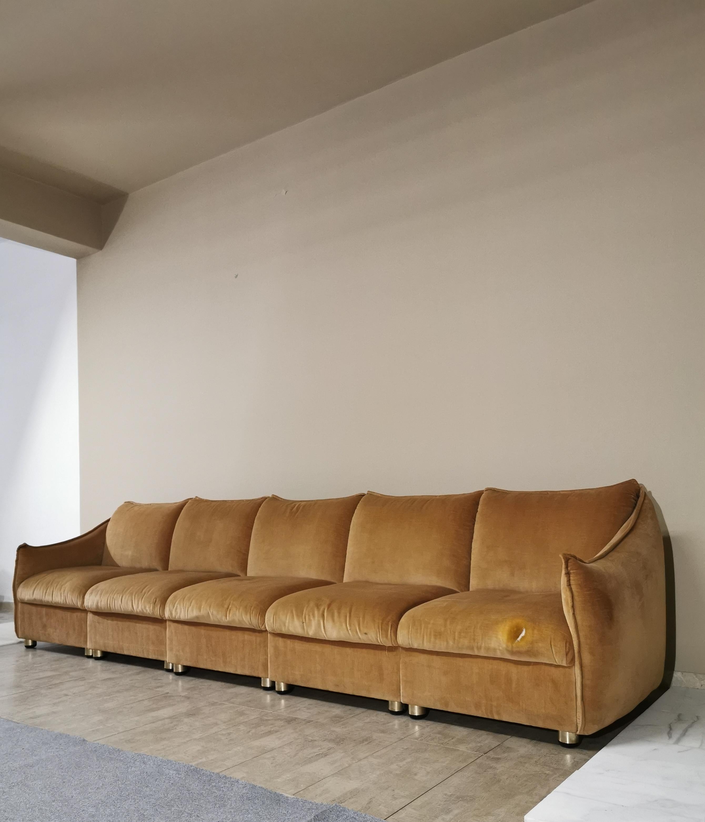 Mid-Century Modern Modular Sofa Smooth Velvet Camel Mid Century Attributed to Cassina Italy, 1970s
