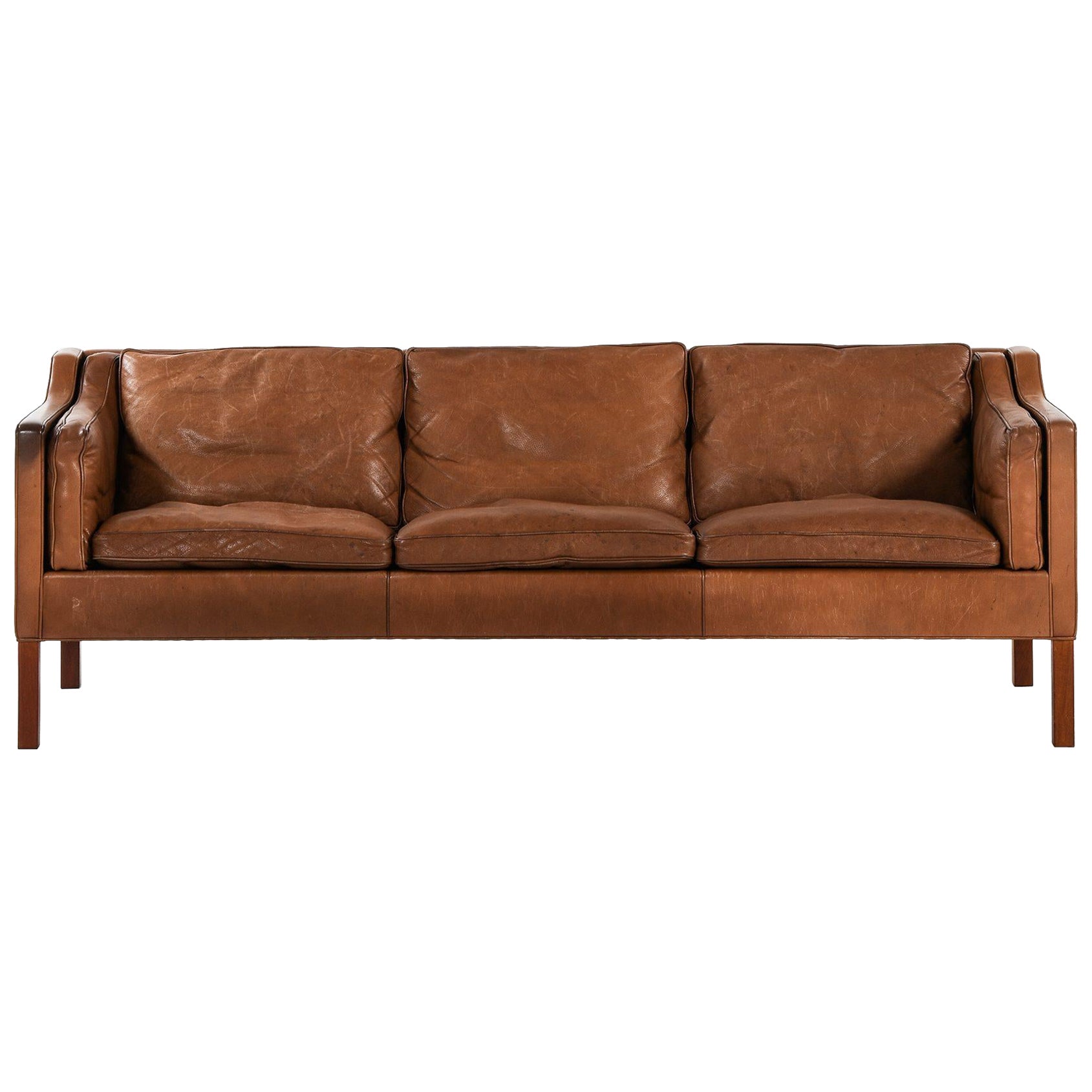 Divano in teak e pelle originale Modello 2213 di Børge Mogensen, 1963