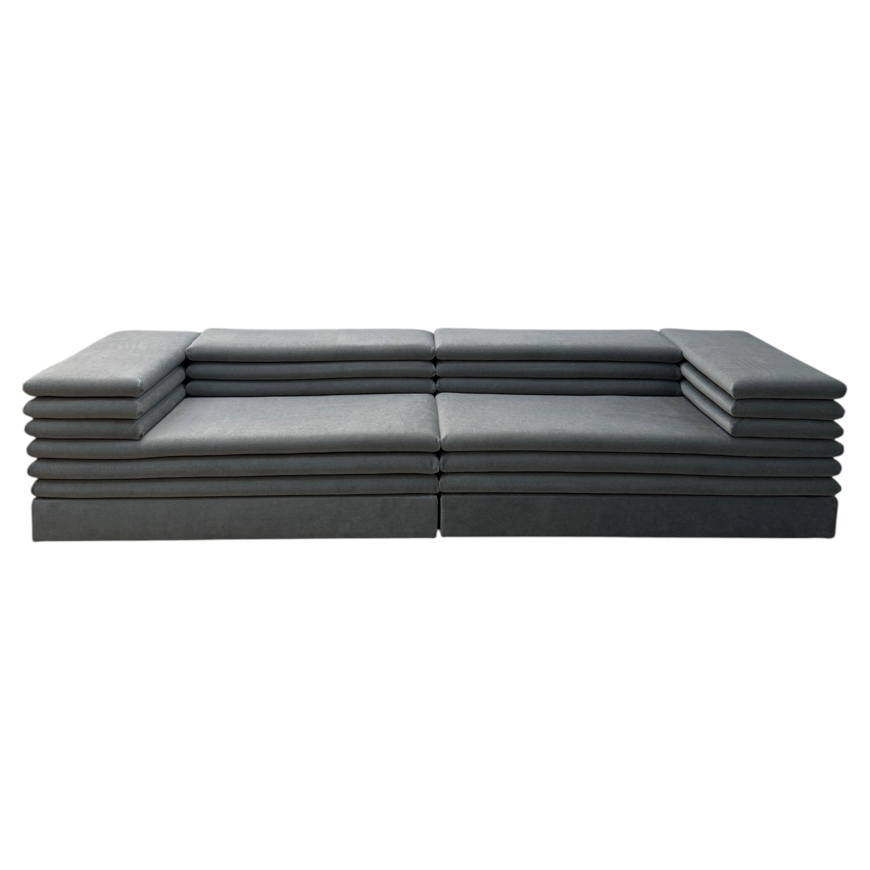 Sofa, Layered Architectural Design, Mint Mohair Velvet Upholstery, Italy For Sale