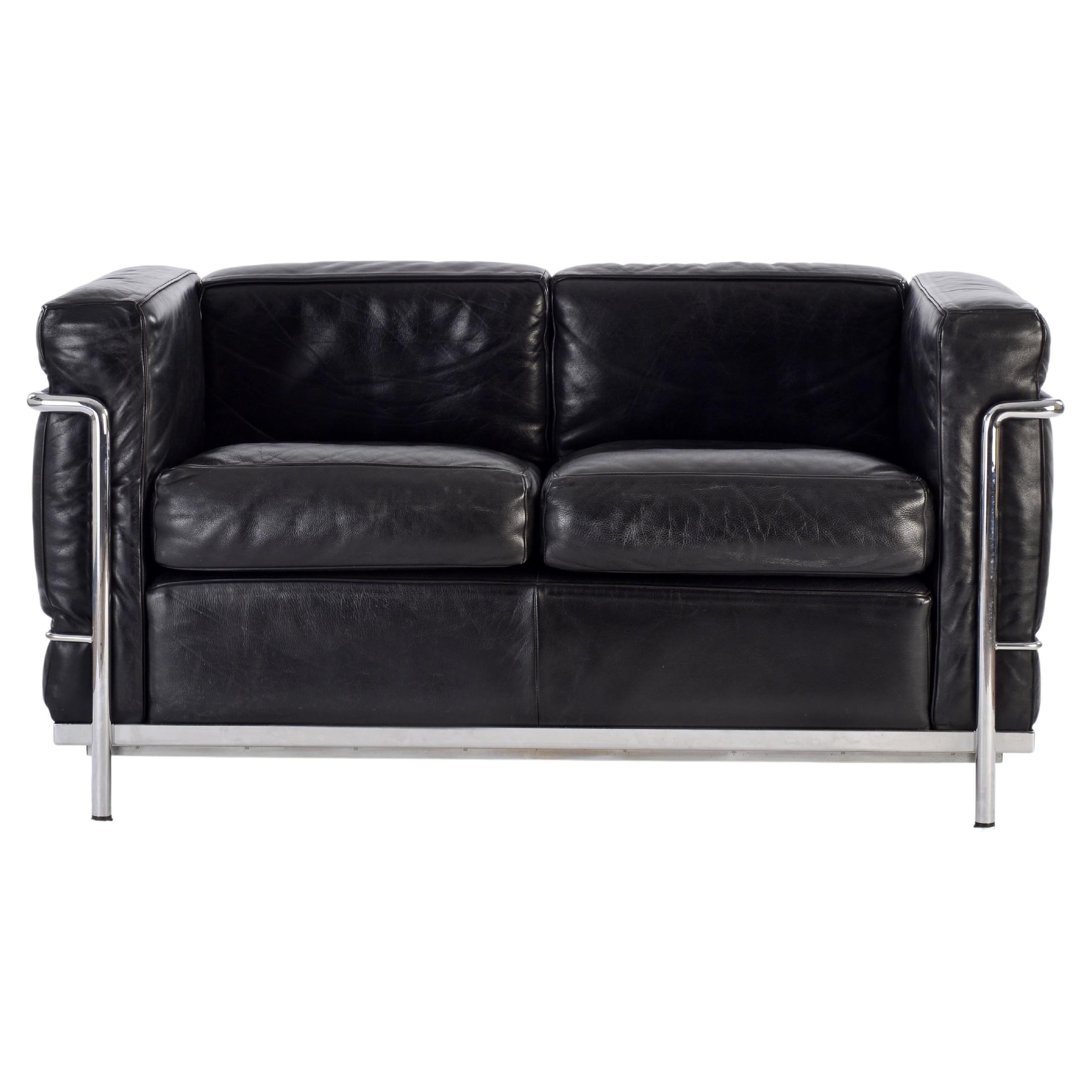 Modern Black Leather and Chrome Steel Petite Sofa in Manner of Le