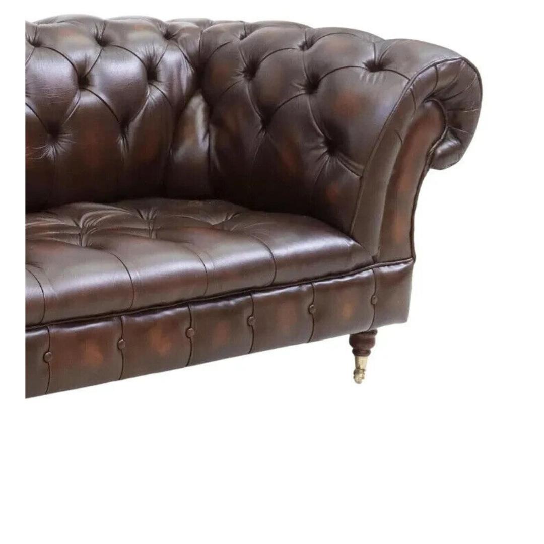 Sofa, Leather, Brown, English Chesterfield Style, Nailhead, Rolled Arms, Tufted In Good Condition In Austin, TX