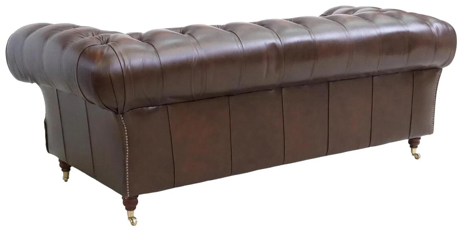 20th Century Sofa, Leather, Brown, English Chesterfield Style, Nailhead, Rolled Arms, Tufted