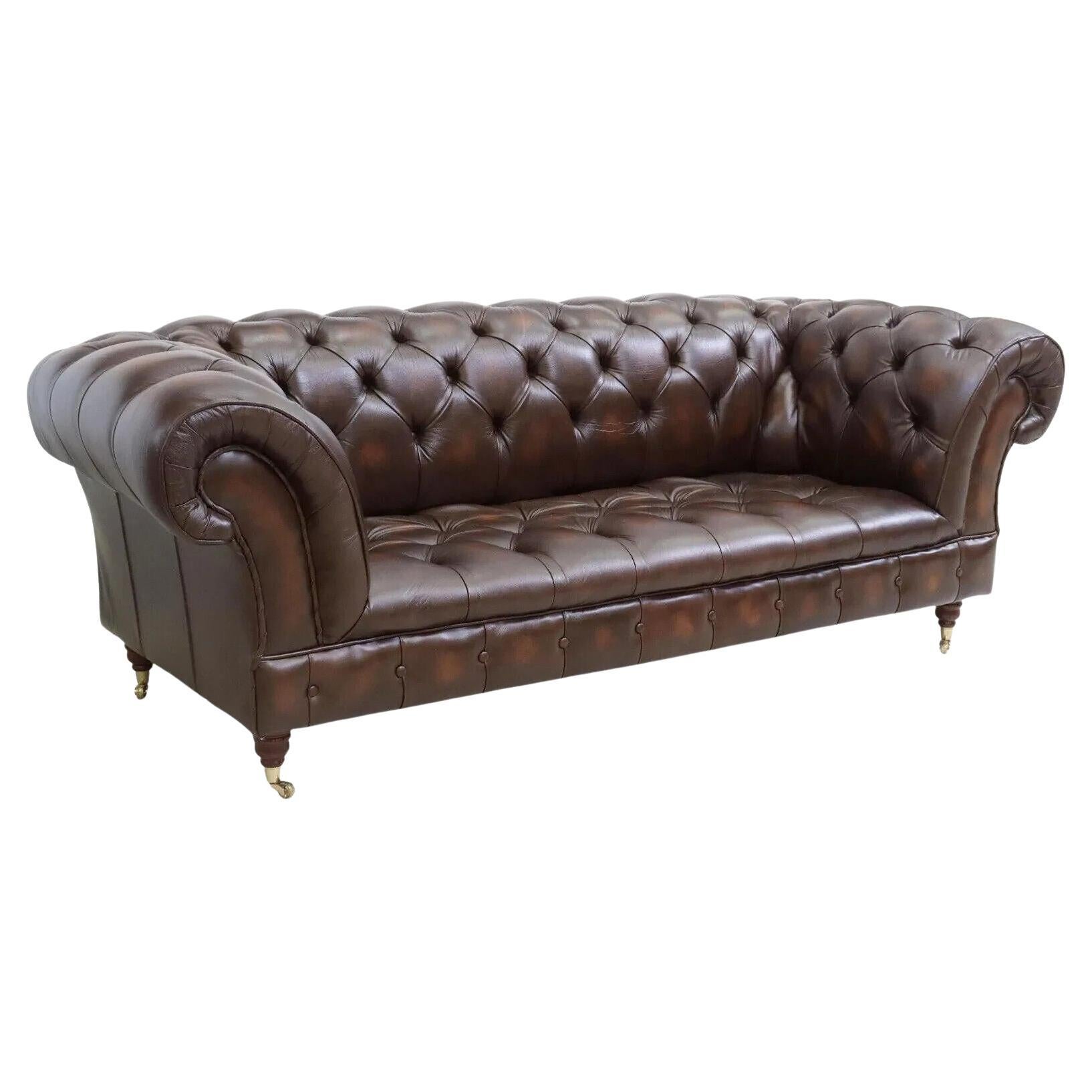 Sofa, Leather, Brown, English Chesterfield Style, Nailhead, Rolled Arms, Tufted