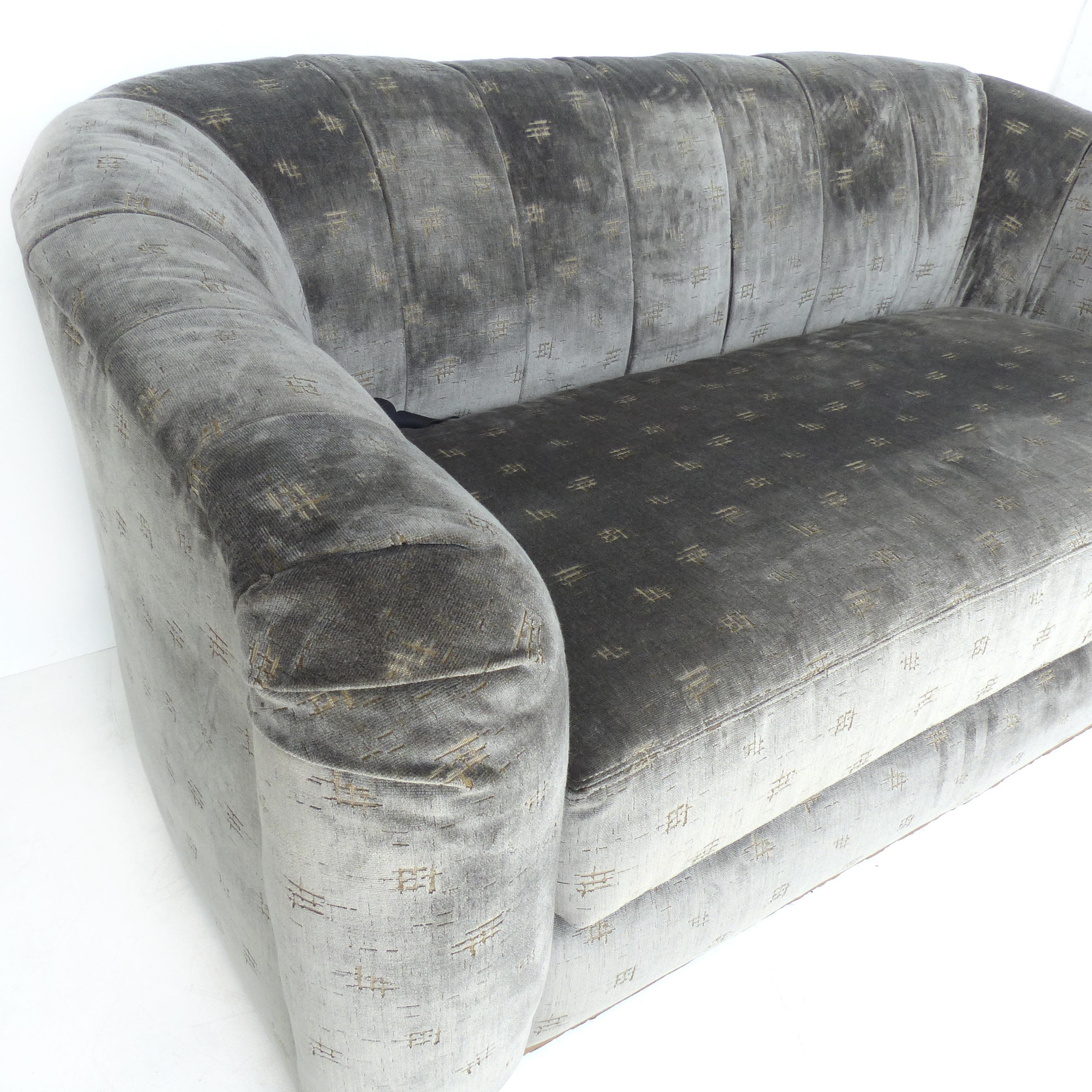 American Sofa/Loveseat Newly Upholstered in Rubelli Fabric, Brass Banded Base