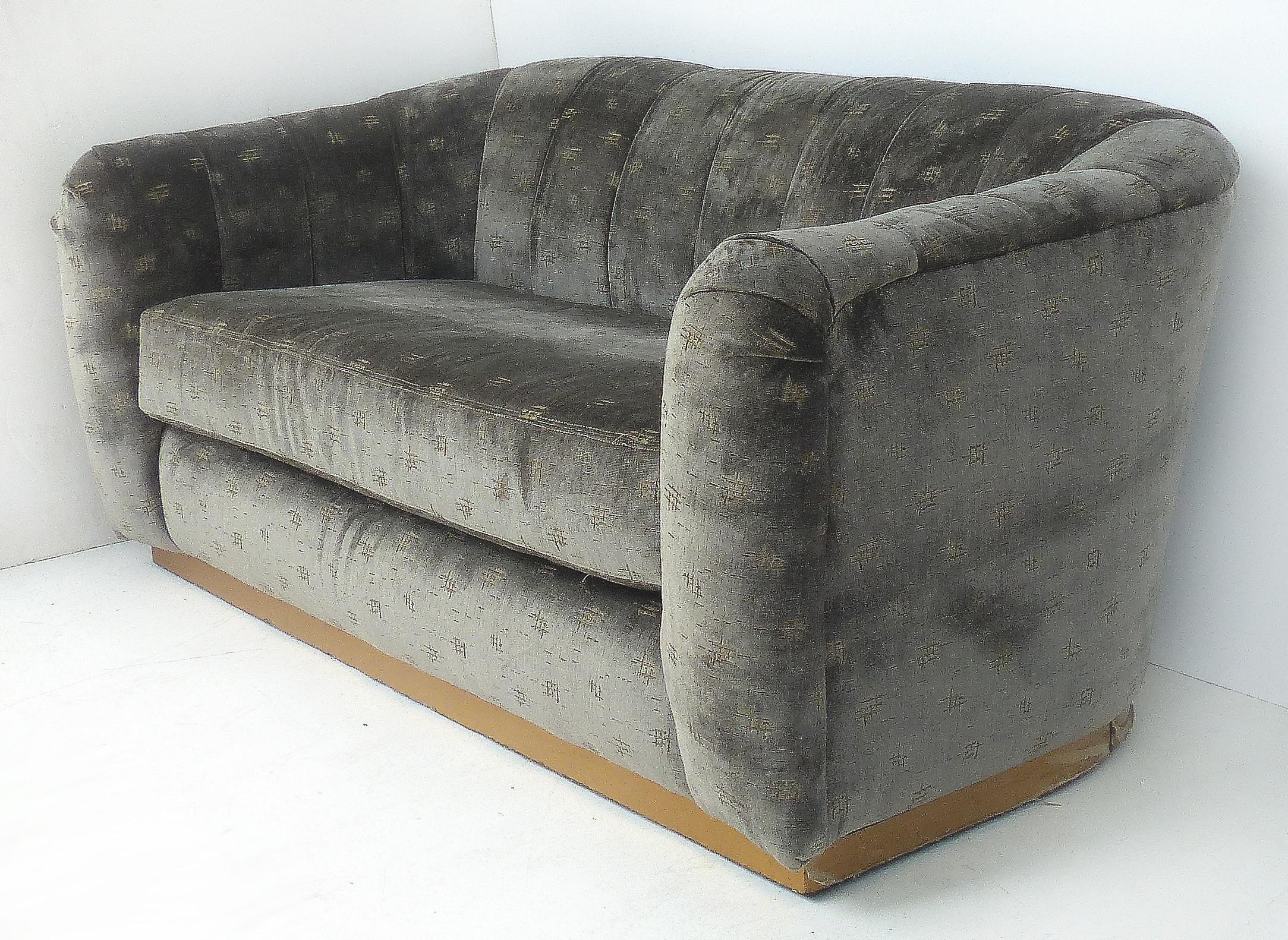 Sofa/Loveseat Newly Upholstered in Rubelli Fabric, Brass Banded Base In Good Condition In Miami, FL
