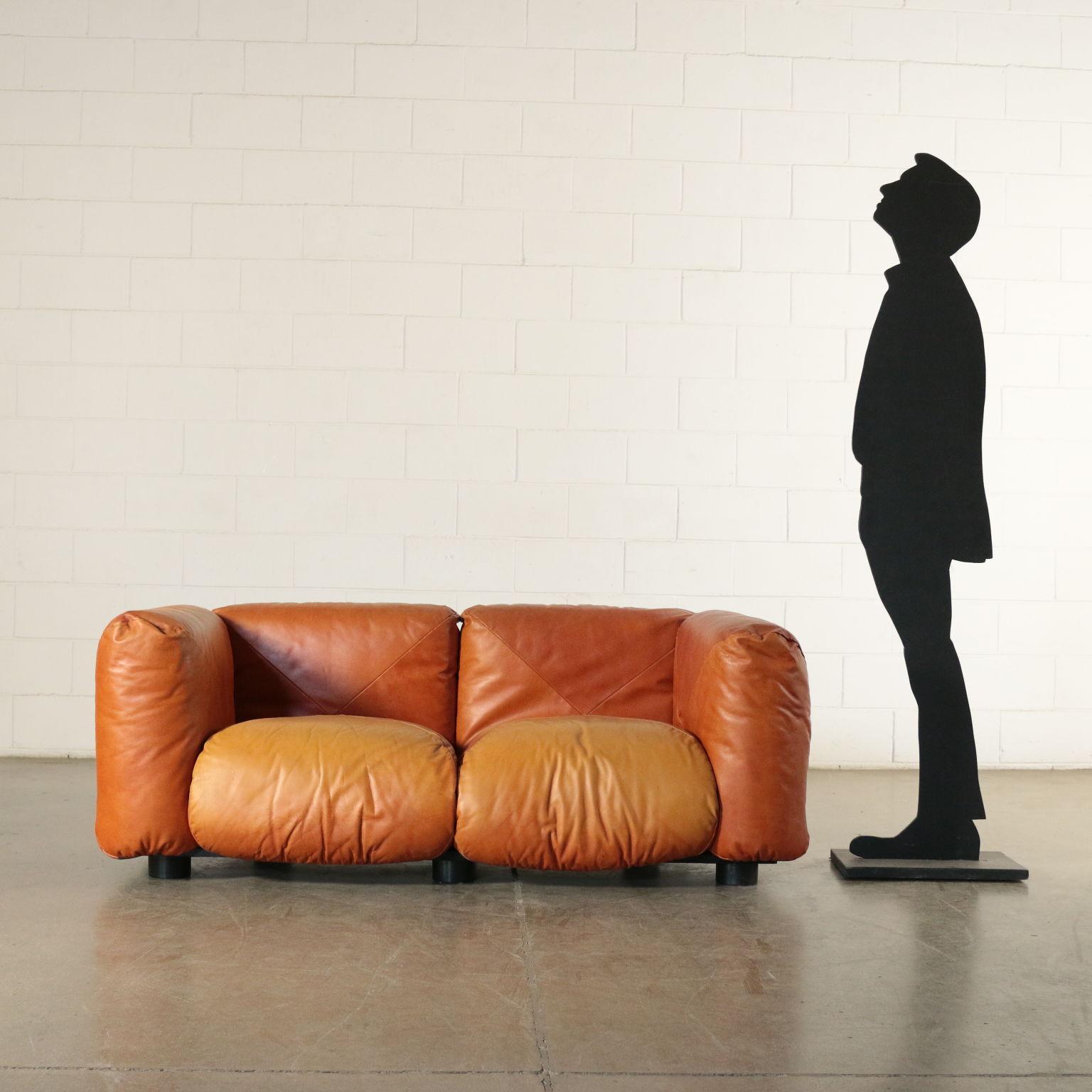 Sofa, padding with foam padding pillows, leather upholstery, wood base with metal structure.