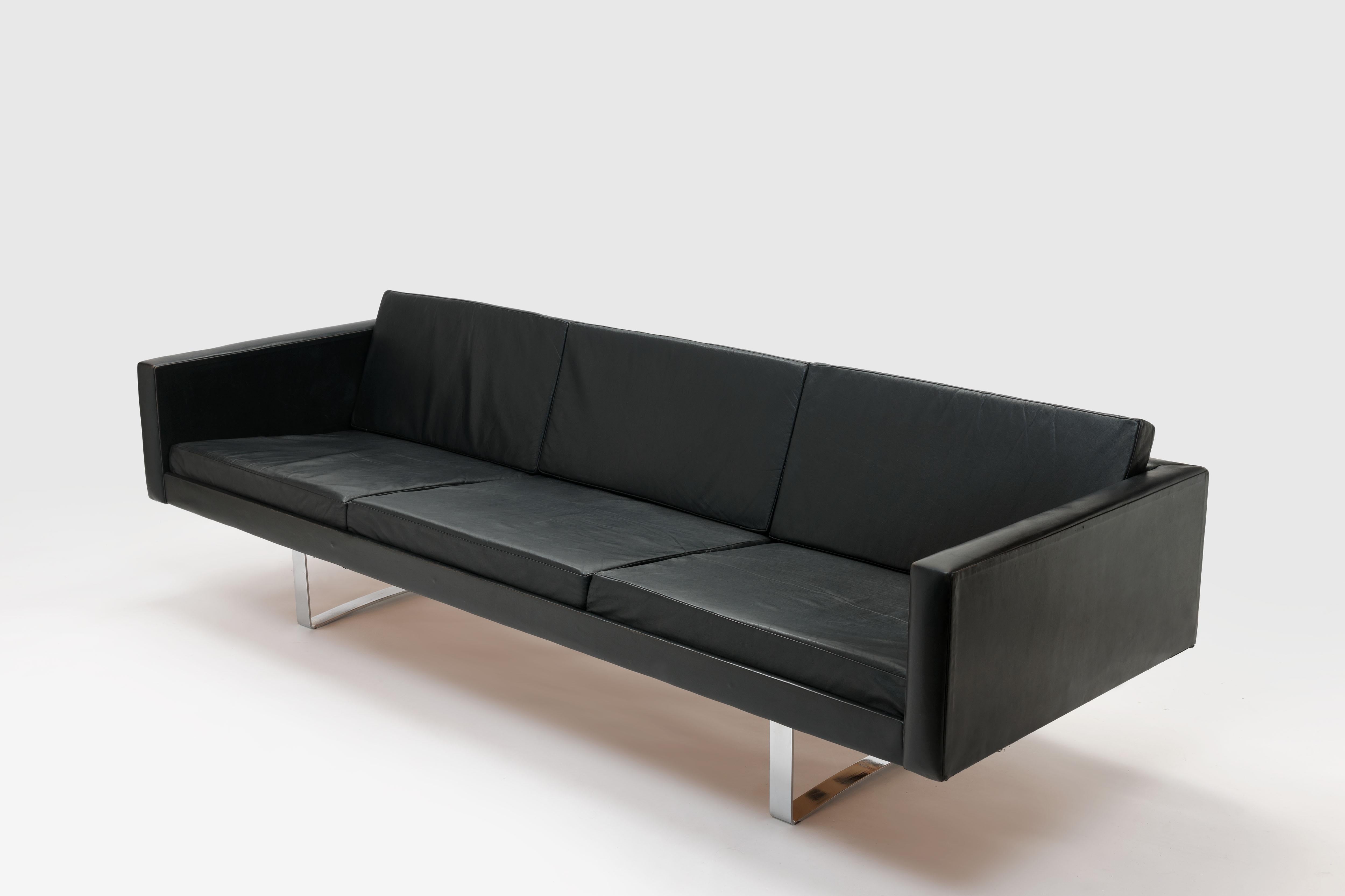 Scandinavian Modern Sofa Model 57 in Black Leather and Steel by Bodil Kjær