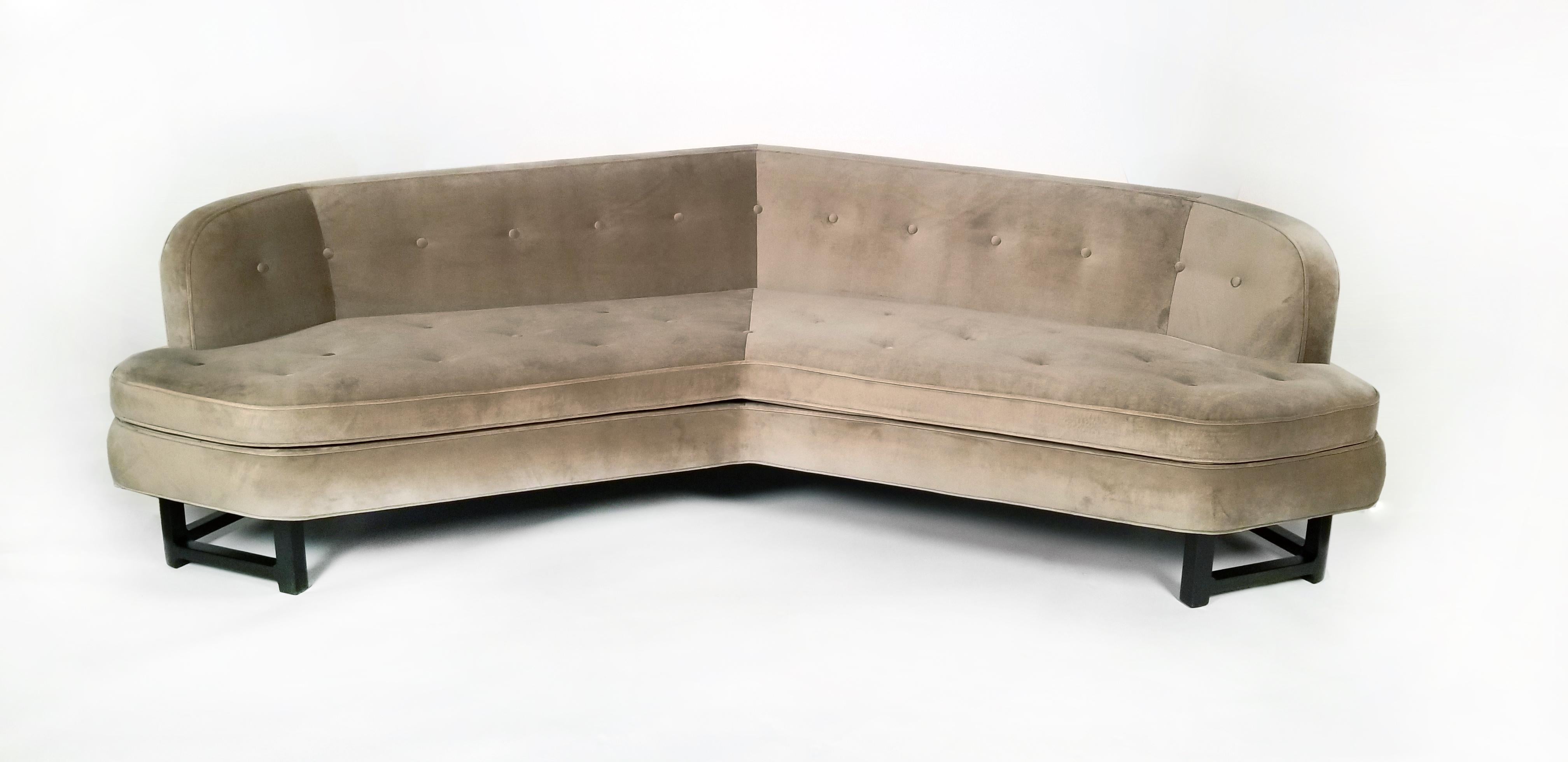 Sofa Model 6329A designed by Edward Wormley for Dunbar. The 6329A is a single sofa design which you arrange not just one way but three. Sofa has been reupholstered in a Perennial velvet has been fully restored and sits on solid mahogany base with