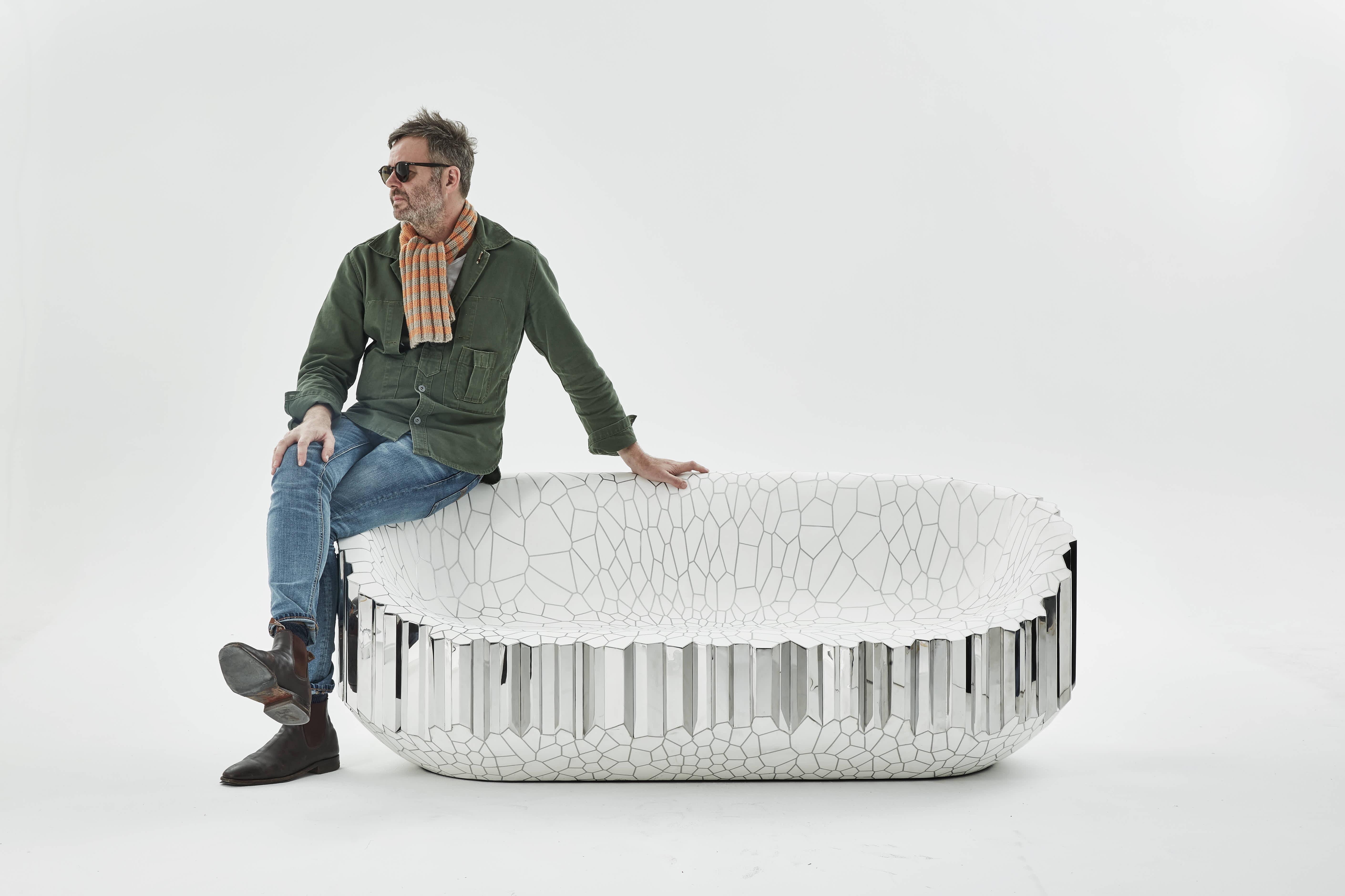 Chinese Sofa 'My Collection' by Michael Young Polished Stainless Steel and White Resin