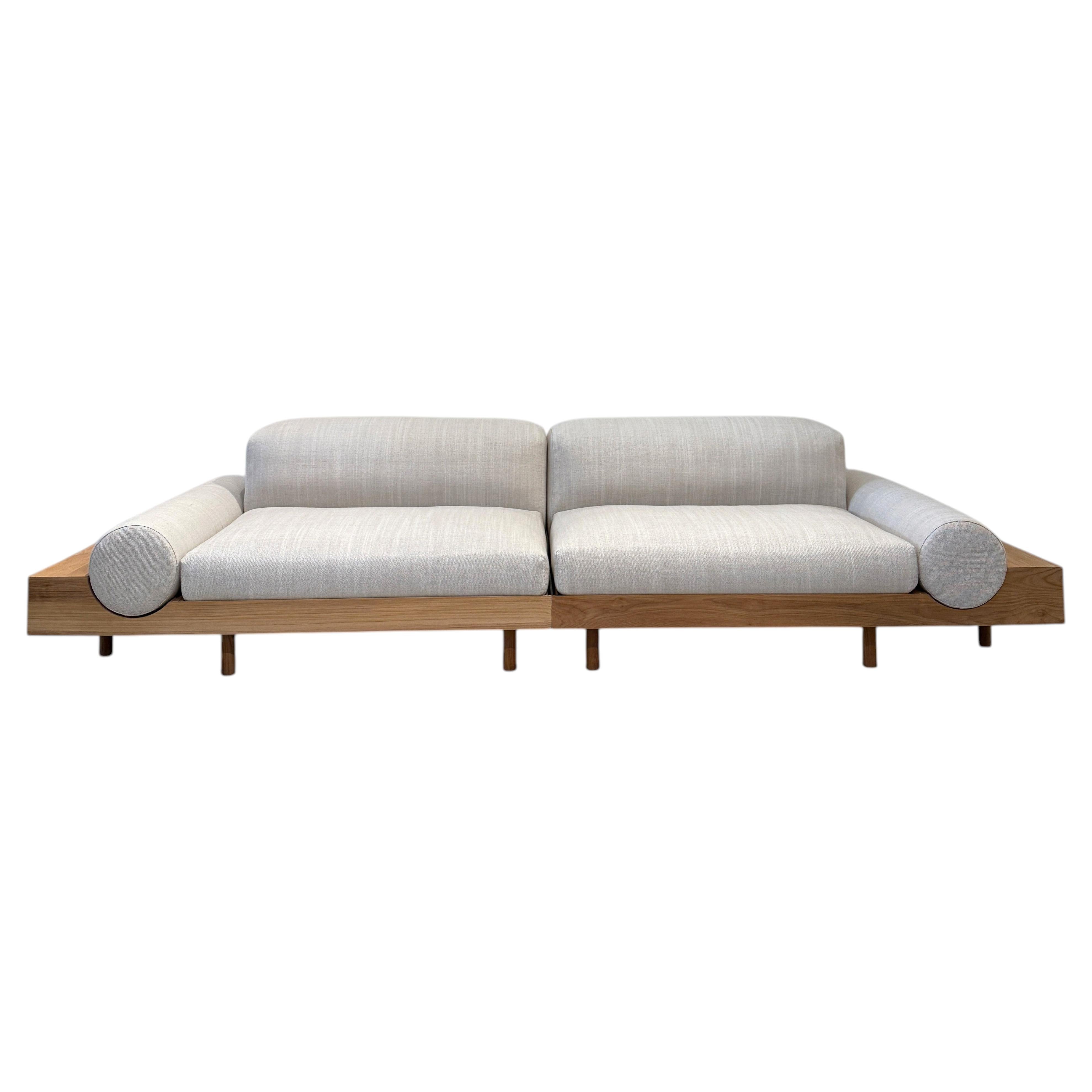 Sofa, Outdoor Upholstered Design, Solid Teak Wood, Light Gray Fabric, Italy For Sale