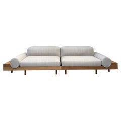 Sofá, diseño tapizado para exterior, madera maciza de teca, tejido gris claro, Italia