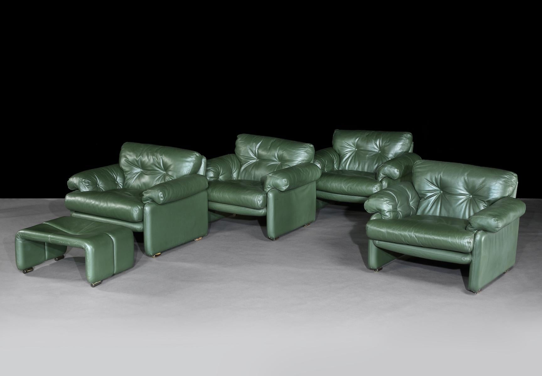 Swiss Sofa Reclining Pair of Ottomans, Green, Leather, Robert Haussmann, De Sede, DS-P