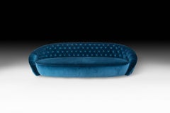 Sofa Round Capitonné, Blue Velvet Fabric, Made in Italy