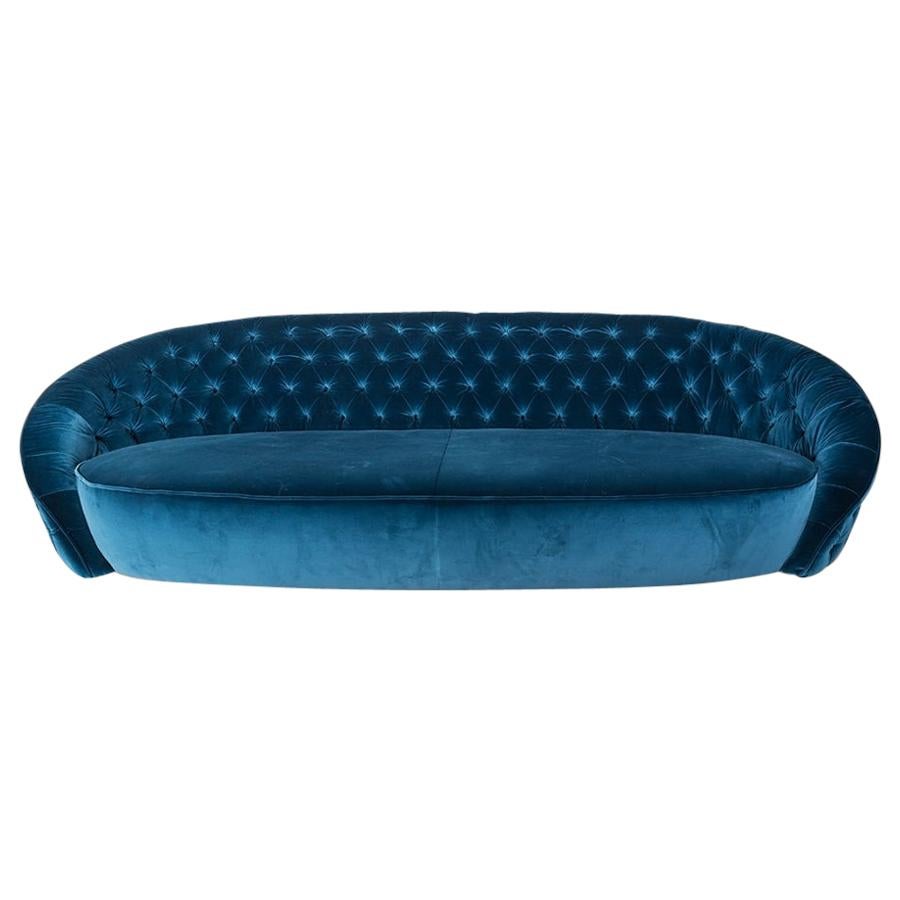 Sofa Round Capitonné, Blue Velvet Fabric, Made in Italy