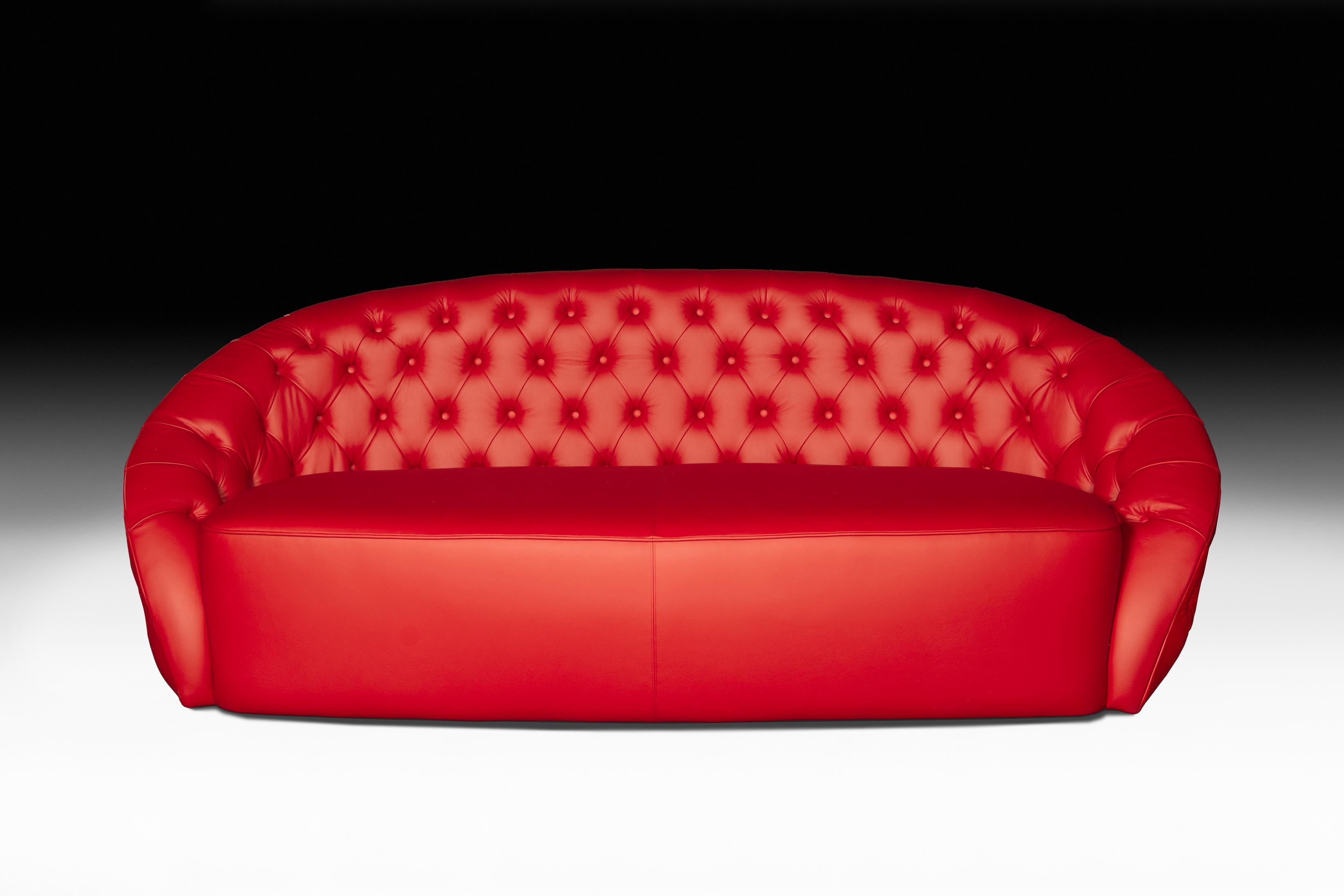 Italian Sofa Round Capitonné, Red Leather, cm 210x115, Made in Italy For Sale