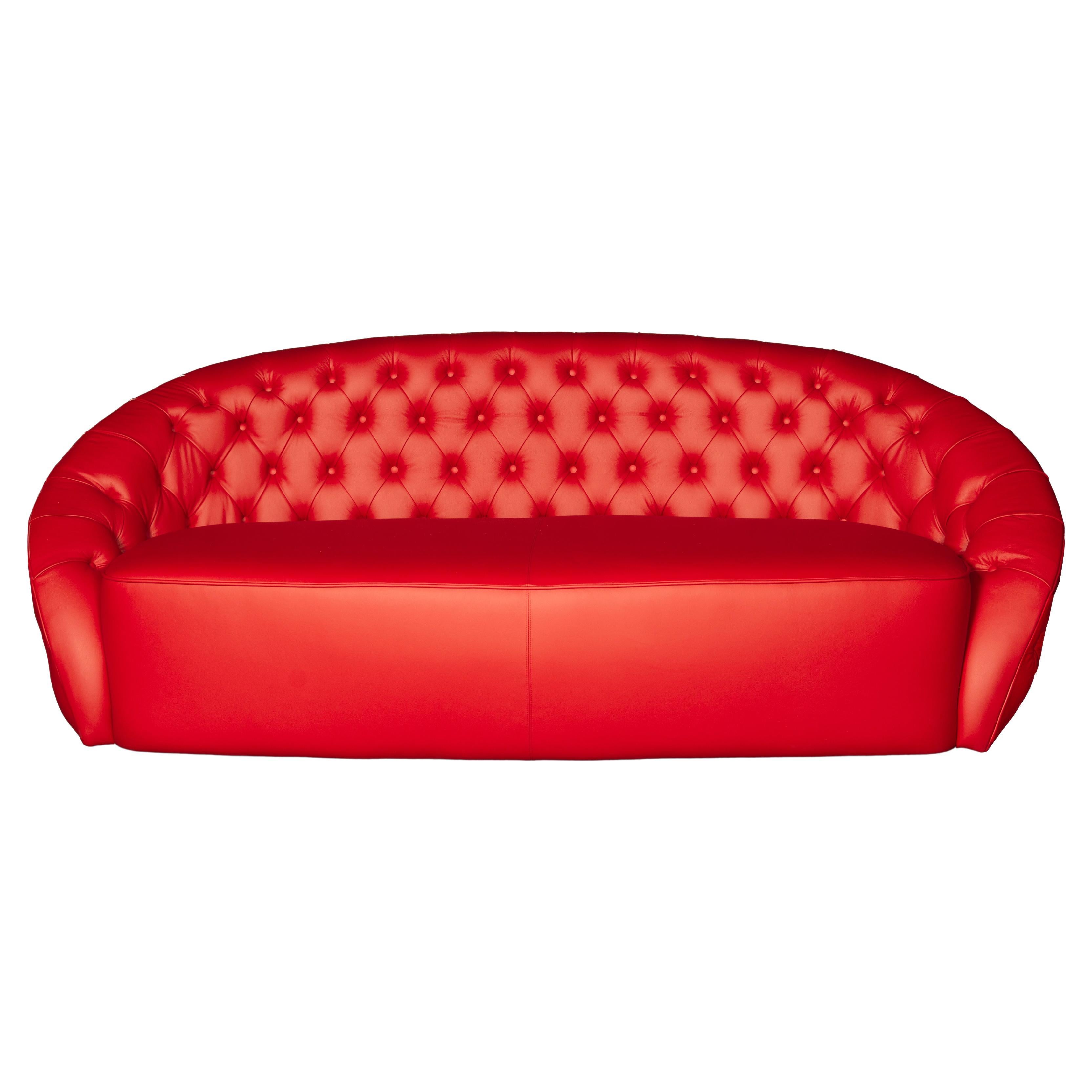 Sofa Rund Capitonné, Rotes Leder, cm 210x115, Made in Italy