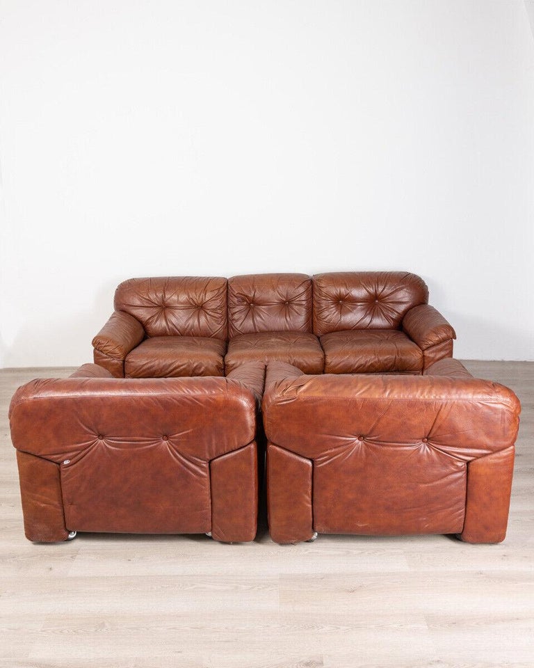 European Sofa Set and Pair of Vintage Armchairs from the 80s in Leather Sormani Design For Sale