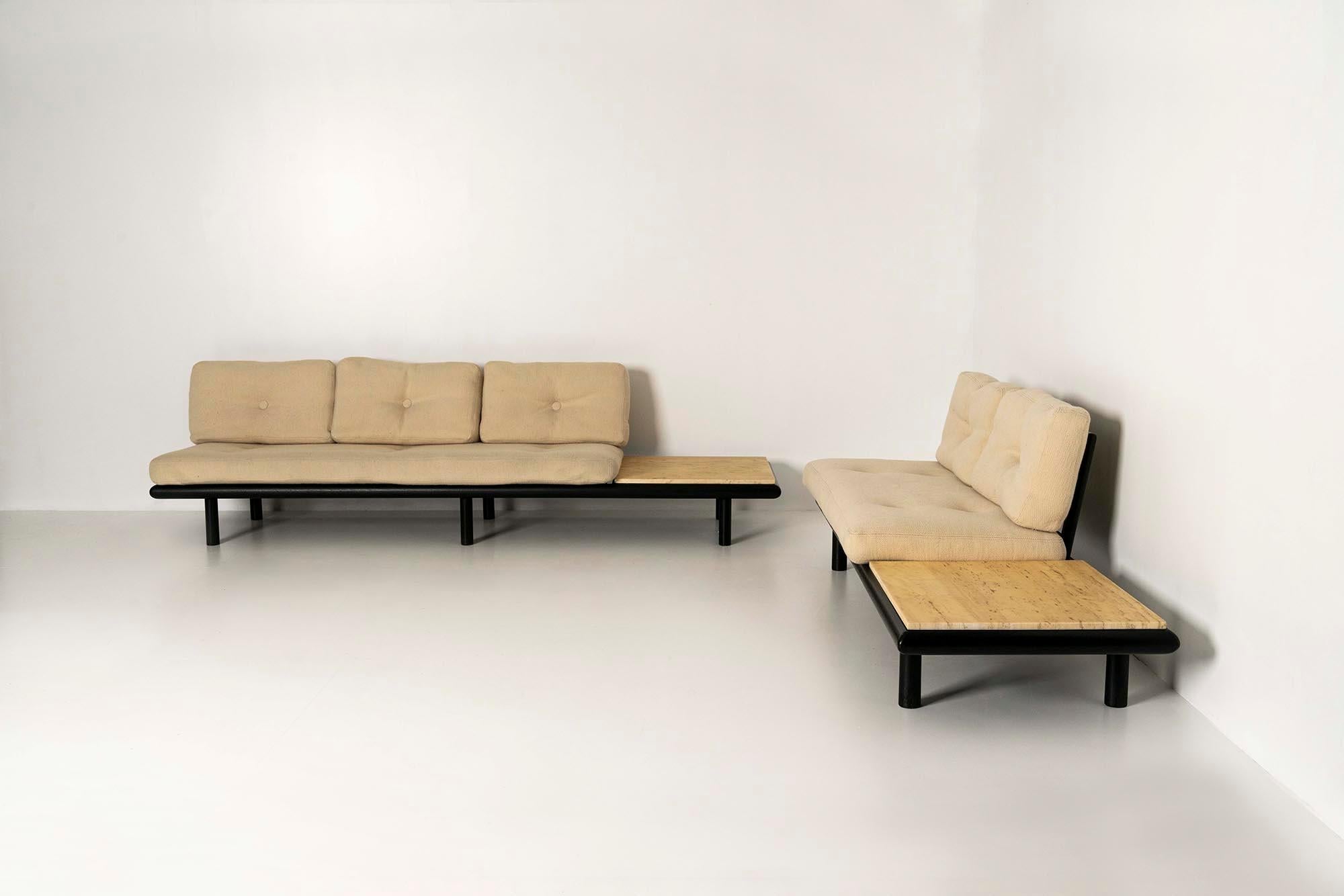 Impressive sofa set, a three-seater, and two-seater sofa, 'Model 6603'by Franz Köttgen for Kill International from the 1960s. The robust round frames are made of oak. Metal bars are attached to the back of the frame where the backrest slides neatly.