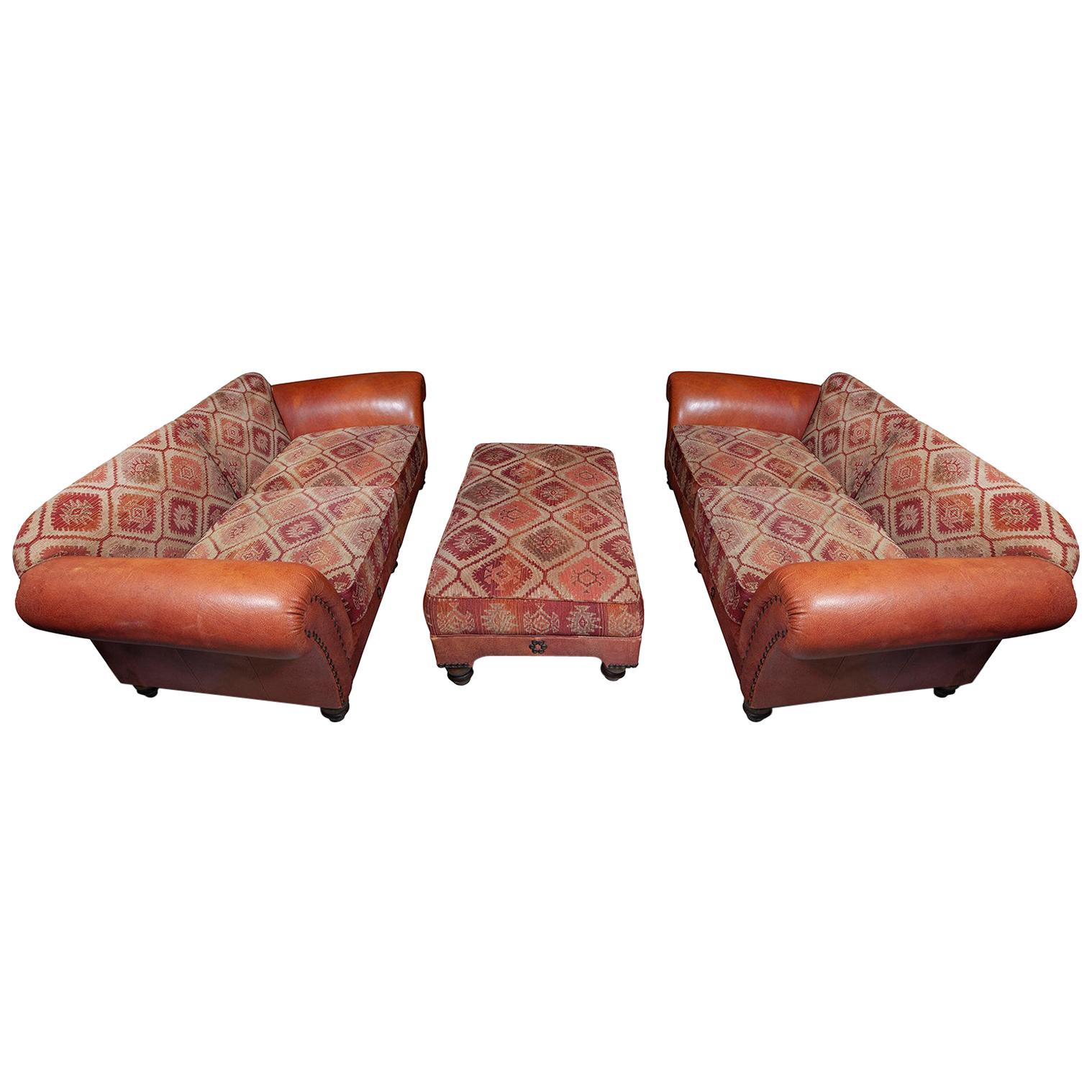 Sofa Settee 3-Seat Pair of Ottoman Leather Kelim Country House, 1980s For Sale