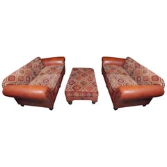 Sofa Settee 3-Seat Pair of Ottoman Leather Kelim Country House, 1980s