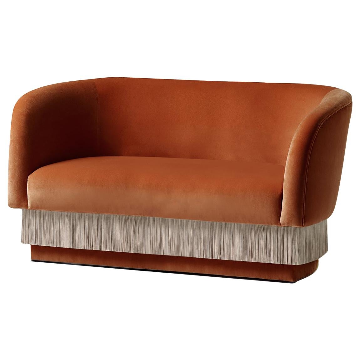 DOOQ Sofa Settee with Soft Terracotta Velvet and Silk Fringes La Folie 140cm For Sale