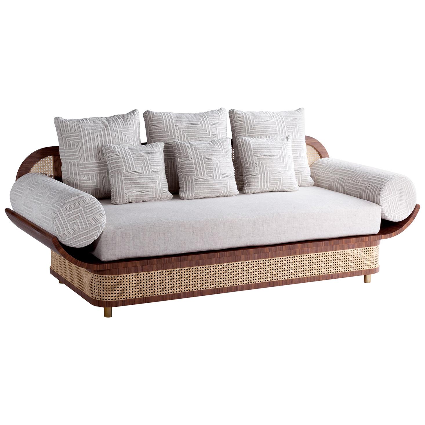 DOOQ Sofa Settee with Textured Fabric, Natural Walnut and Brass Details Majestic