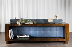Blue Leather and Straw Marquetry Sofa Realized by Jouffre and Lison de Caunes