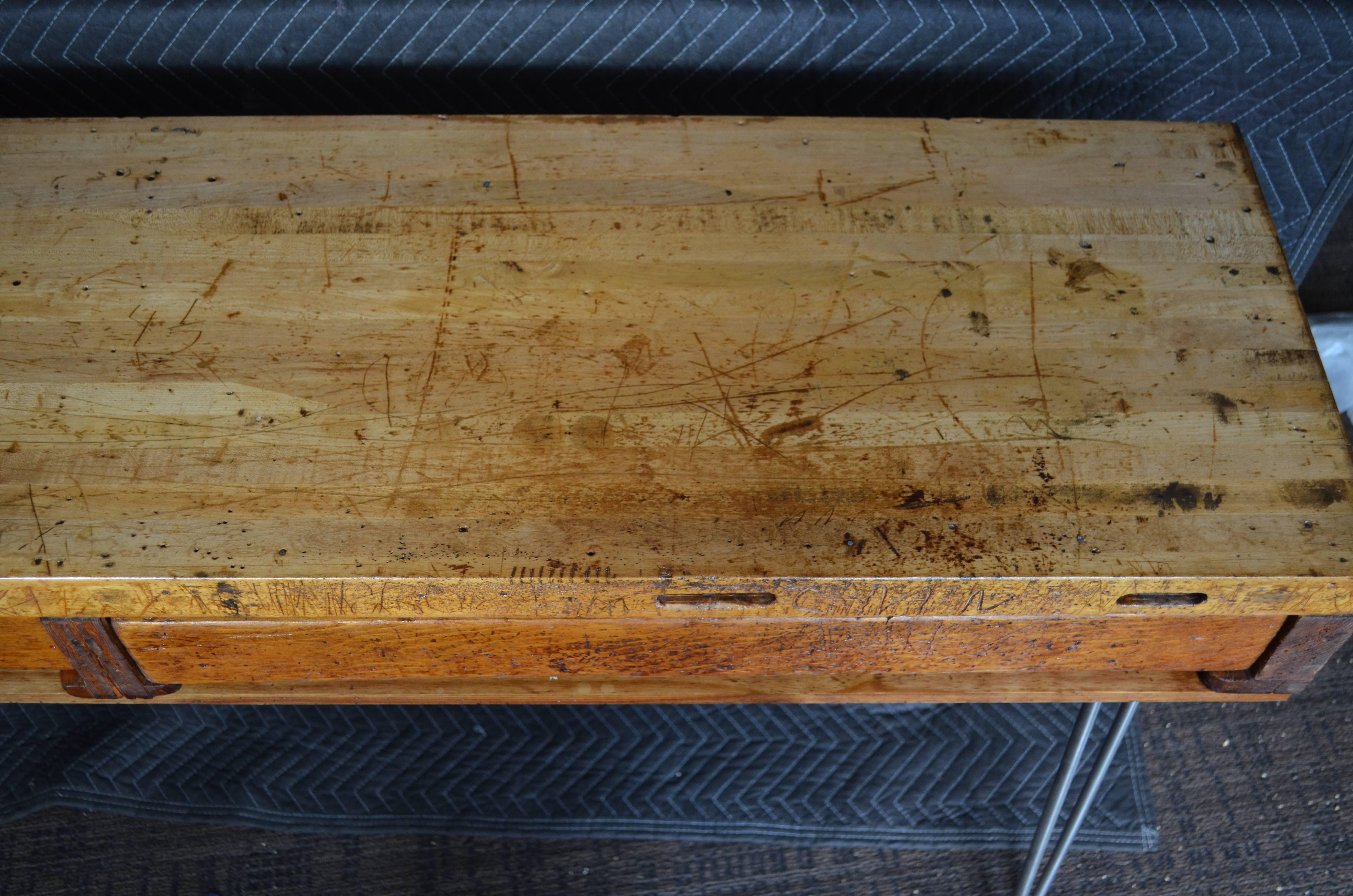 Sofa Table, Hall Table from Jeweler's Workbench with Maple Top on Hairpin Legs 7