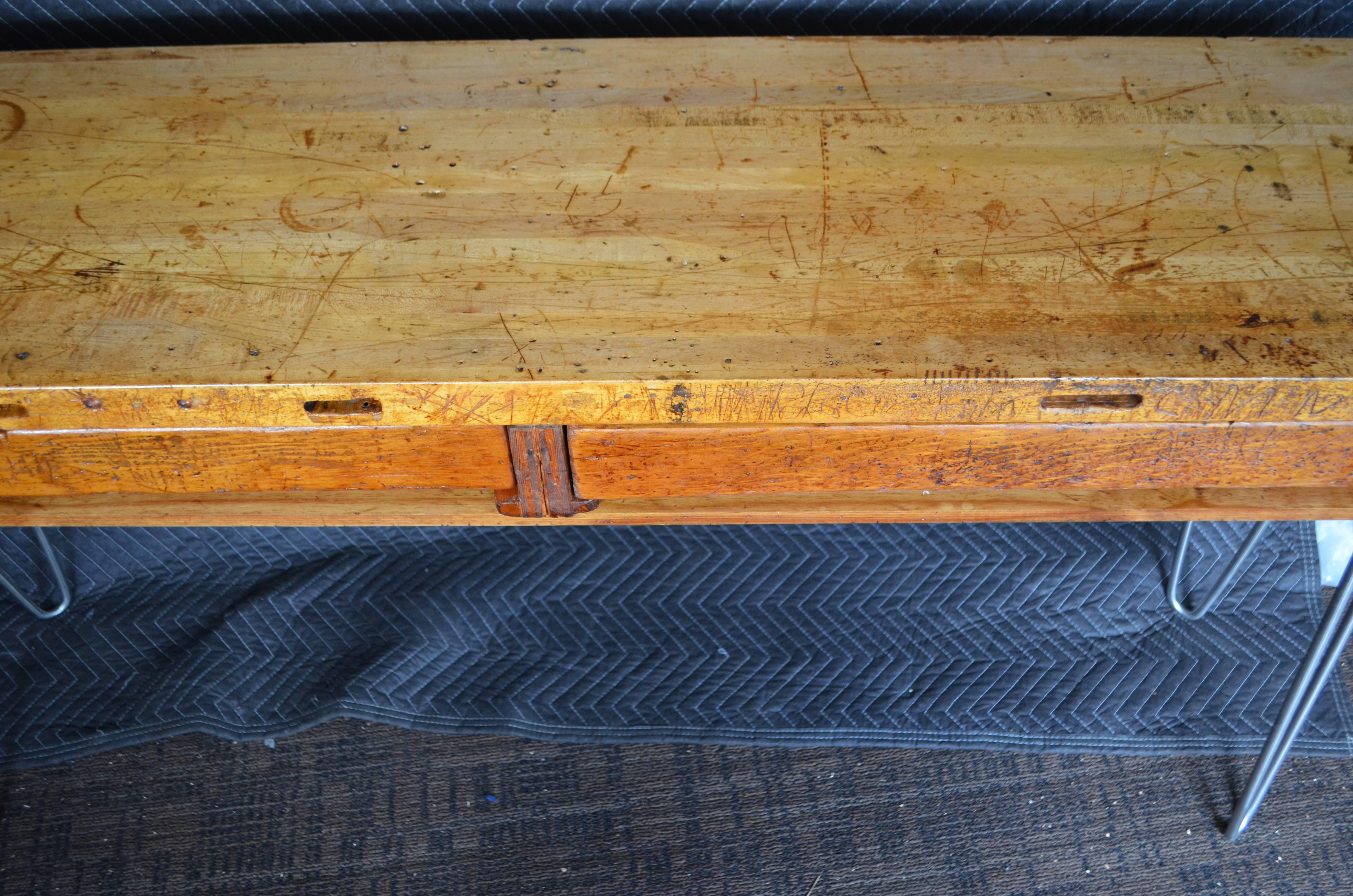 Sofa Table, Hall Table from Jeweler's Workbench with Maple Top on Hairpin Legs 8