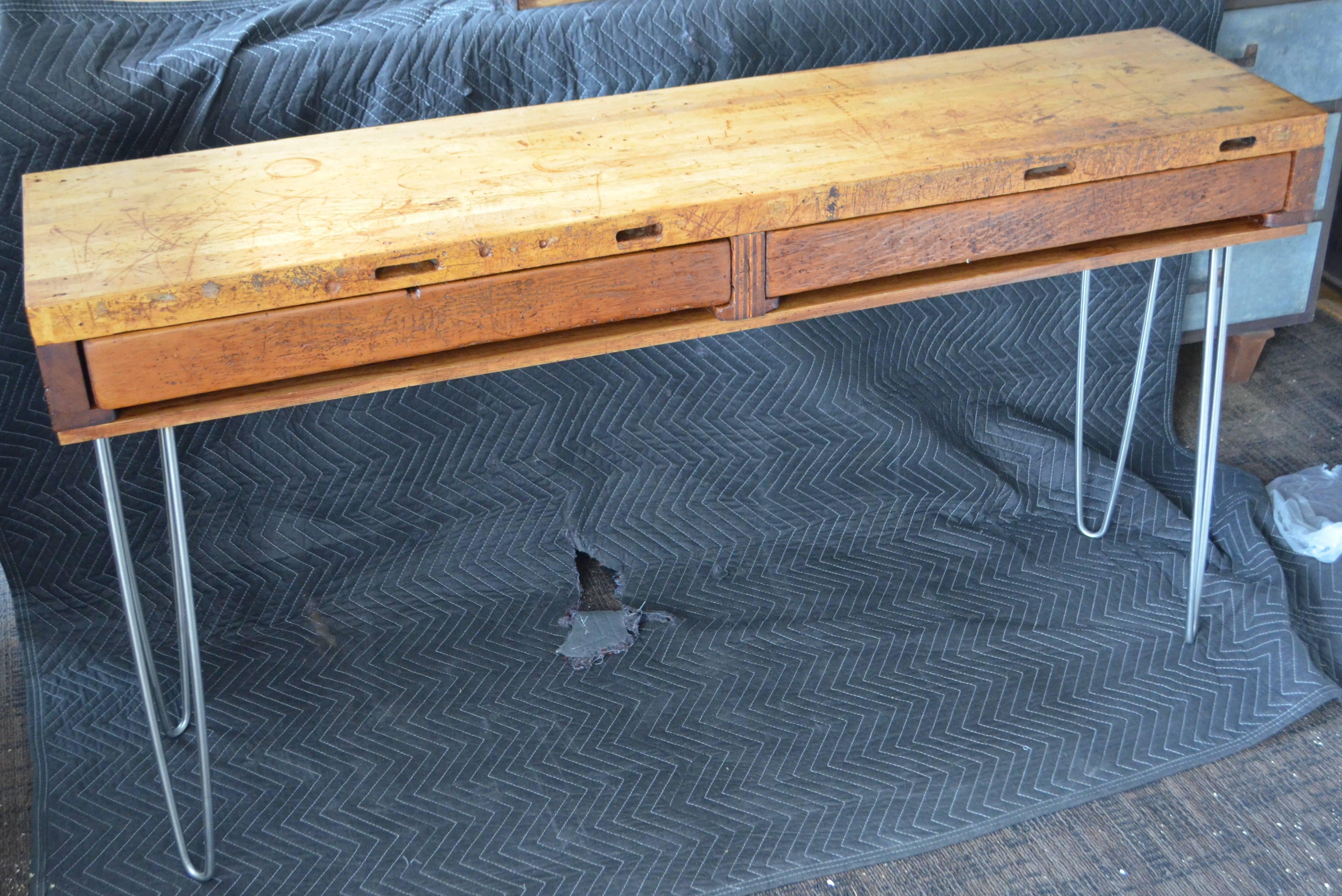 Sofa Table, Hall Table from Jeweler's Workbench with Maple Top on Hairpin Legs 12