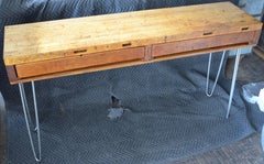 Sofa Table, Hall Table from Jeweler's Workbench with Maple Top on Hairpin Legs