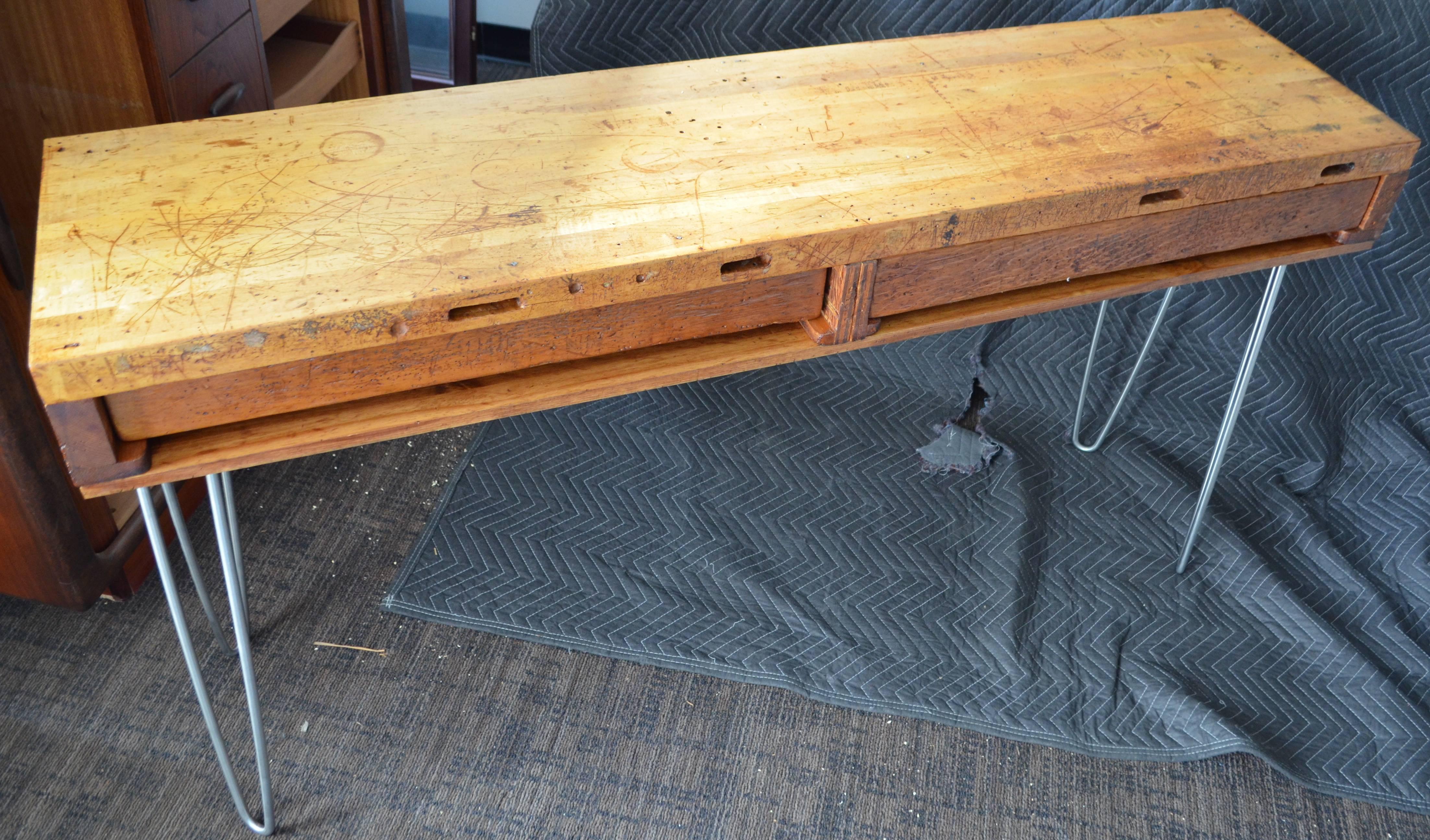 Industrial Sofa Table, Hall Table from Jeweler's Workbench with Maple Top on Hairpin Legs