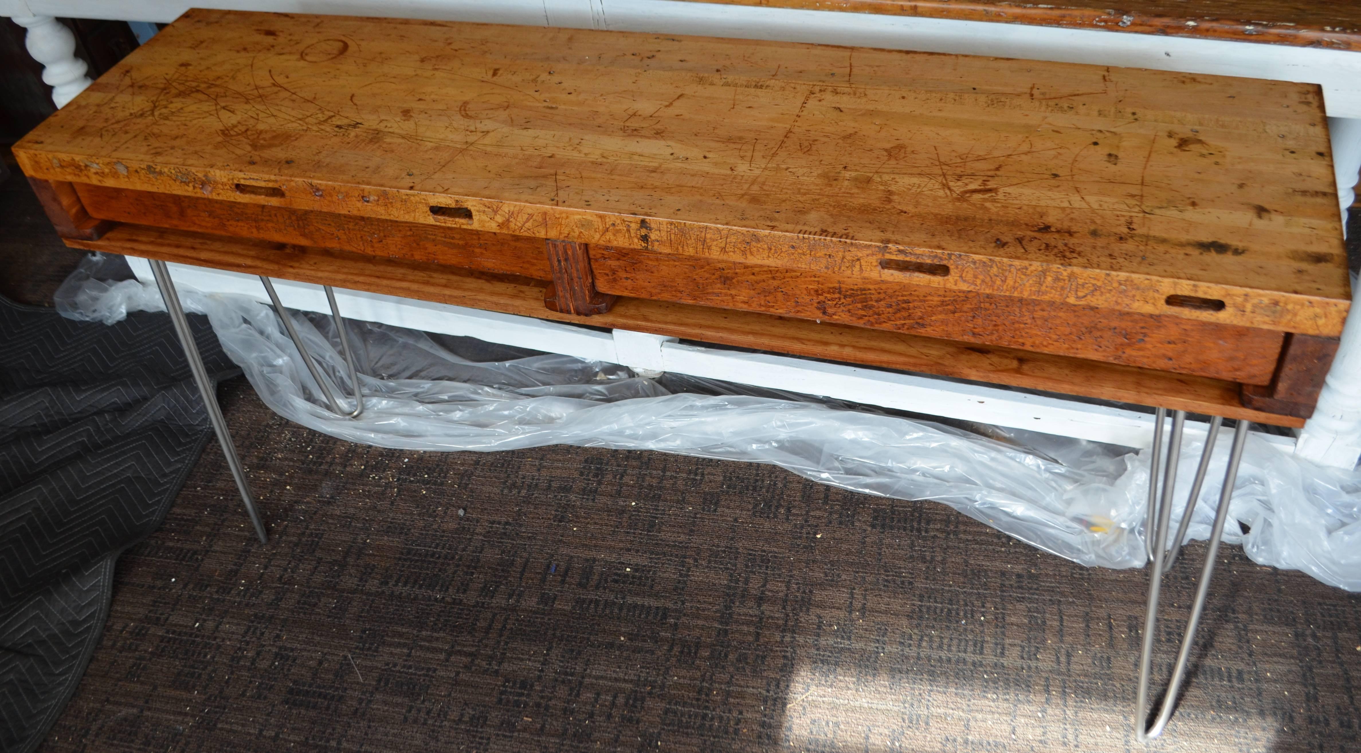 Sofa Table, Hall Table from Jeweler's Workbench with Maple Top on Hairpin Legs In Good Condition In Madison, WI