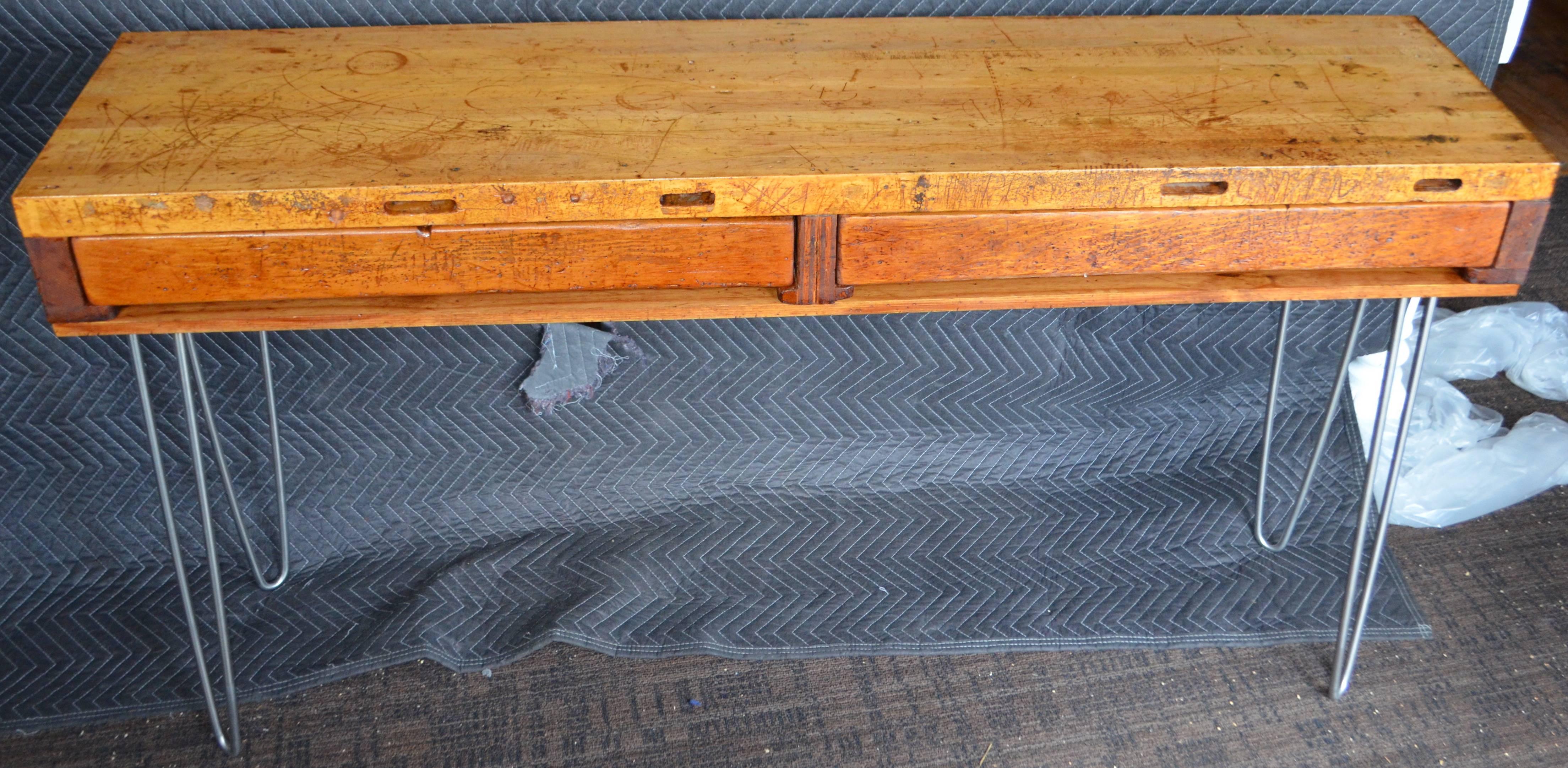 20th Century Sofa Table, Hall Table from Jeweler's Workbench with Maple Top on Hairpin Legs